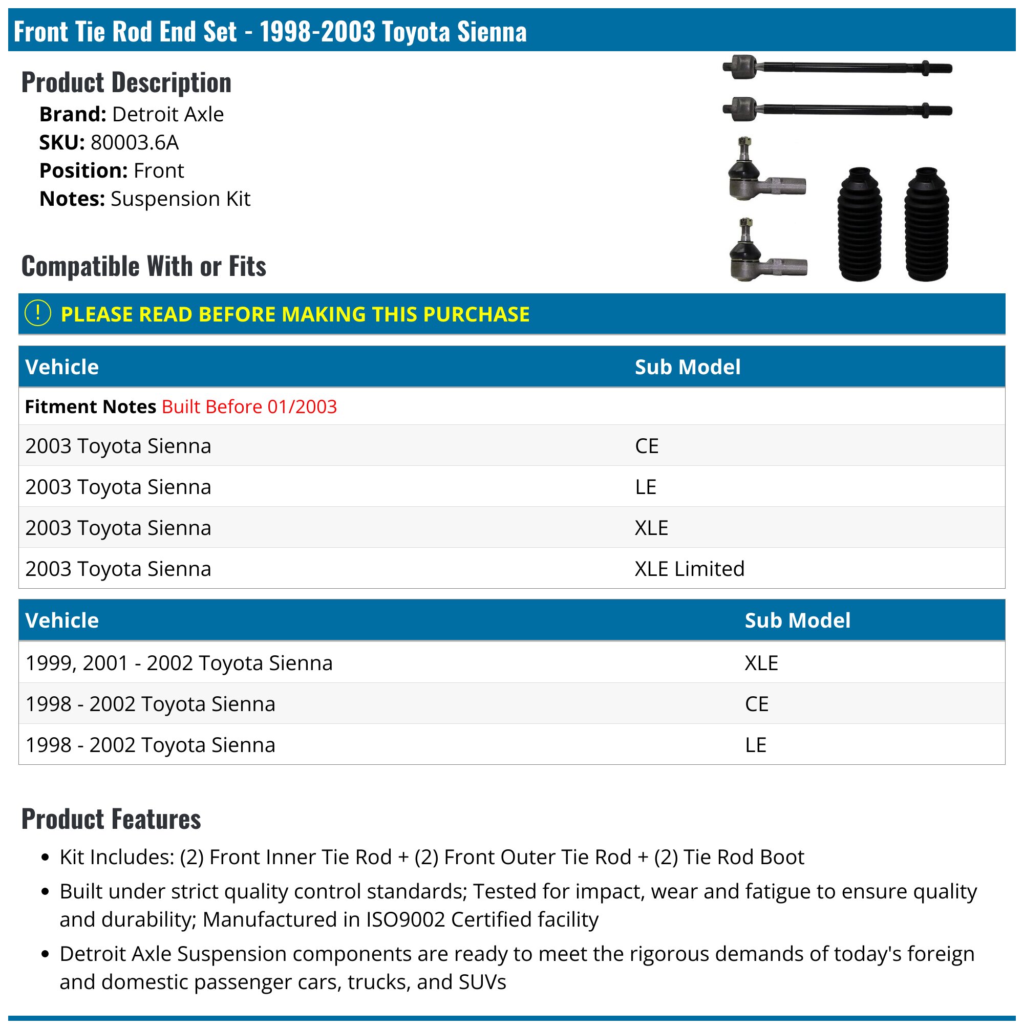 Front Inner & Outer CV Axle Boot Kit For Toyota Sienna 2004-2010 FWD Front Inner & Outer CV Axle Boot Kit For Toyota Sienna 2004-2010 FWD