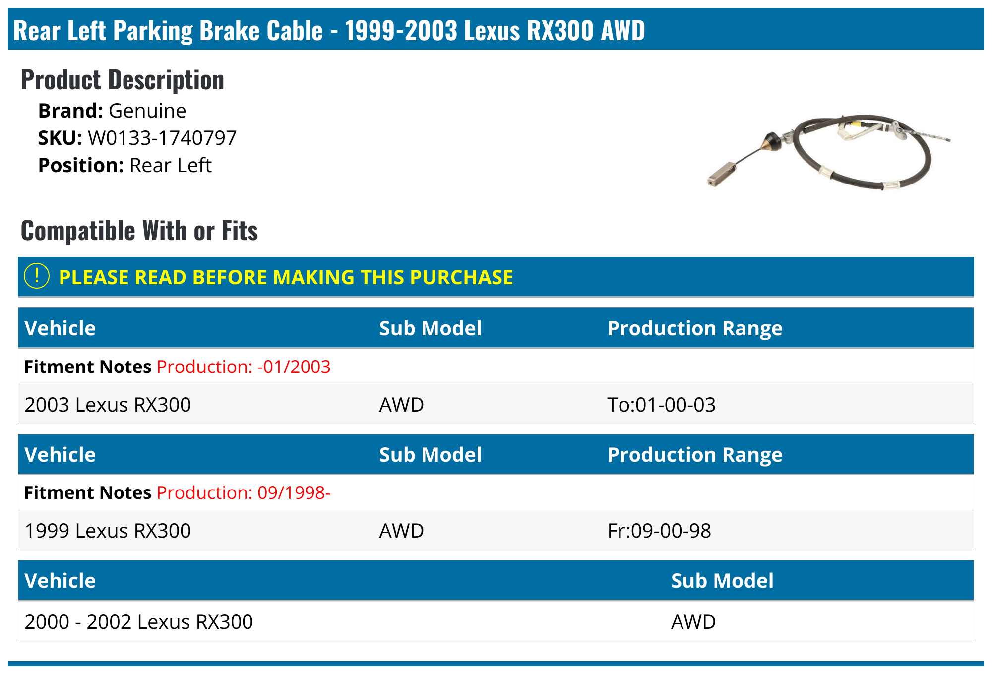19992003 Lexus RX300 Parking Brake Cable Genuine W01331740797
