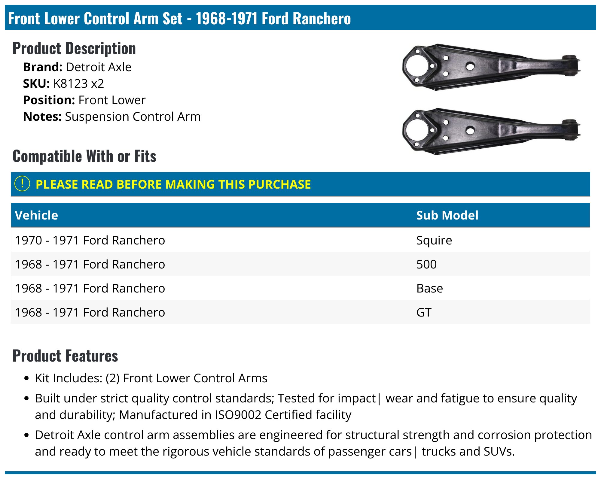 1968-1971 Ford Ranchero Control Arm - Detroit Axle K8123 x2 - Front ...