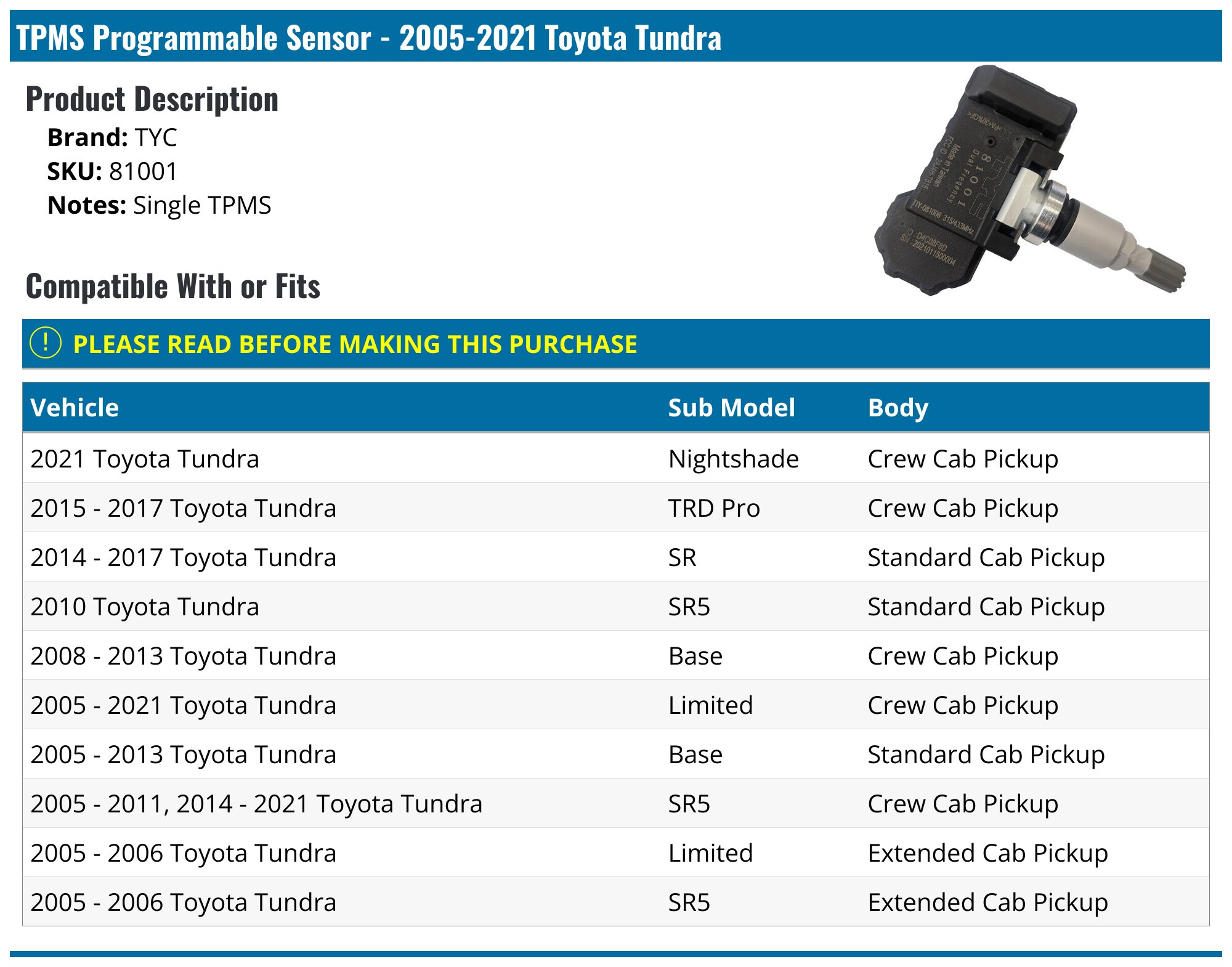 2005-2021 Toyota Tundra Tire Pressure Monitoring Sensor - TYC 81001 ...