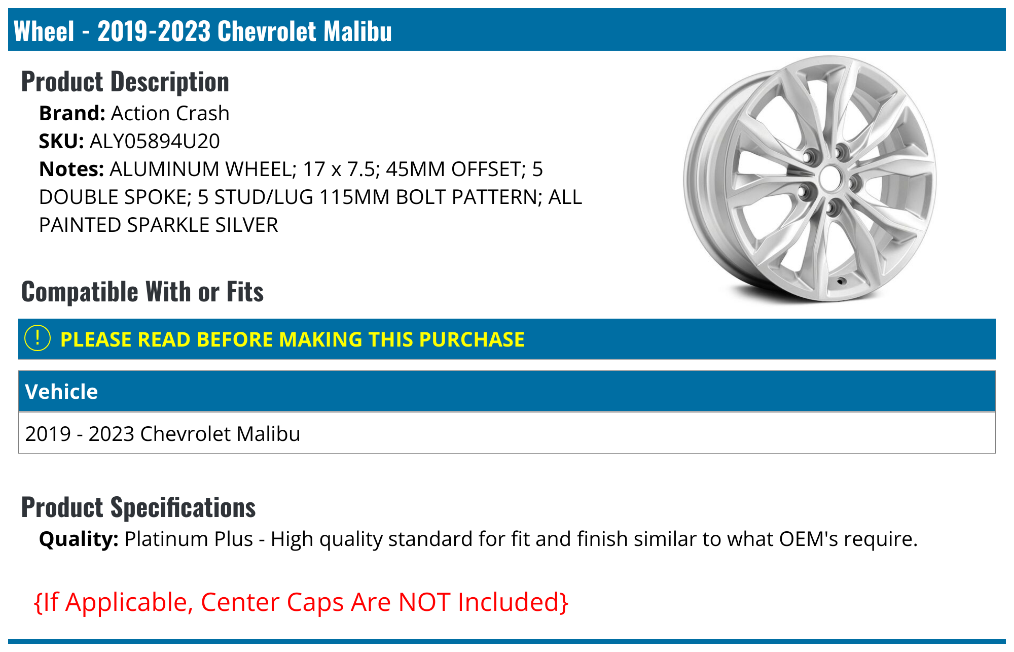 Chevrolet Malibu Wheel - Rims - Action Crash Dorman - 2010 2012 2008 2009  2011 2024 2004 2005 10 12 08 09 11 24 04 05 - PartsGeek, image size:2000x1285