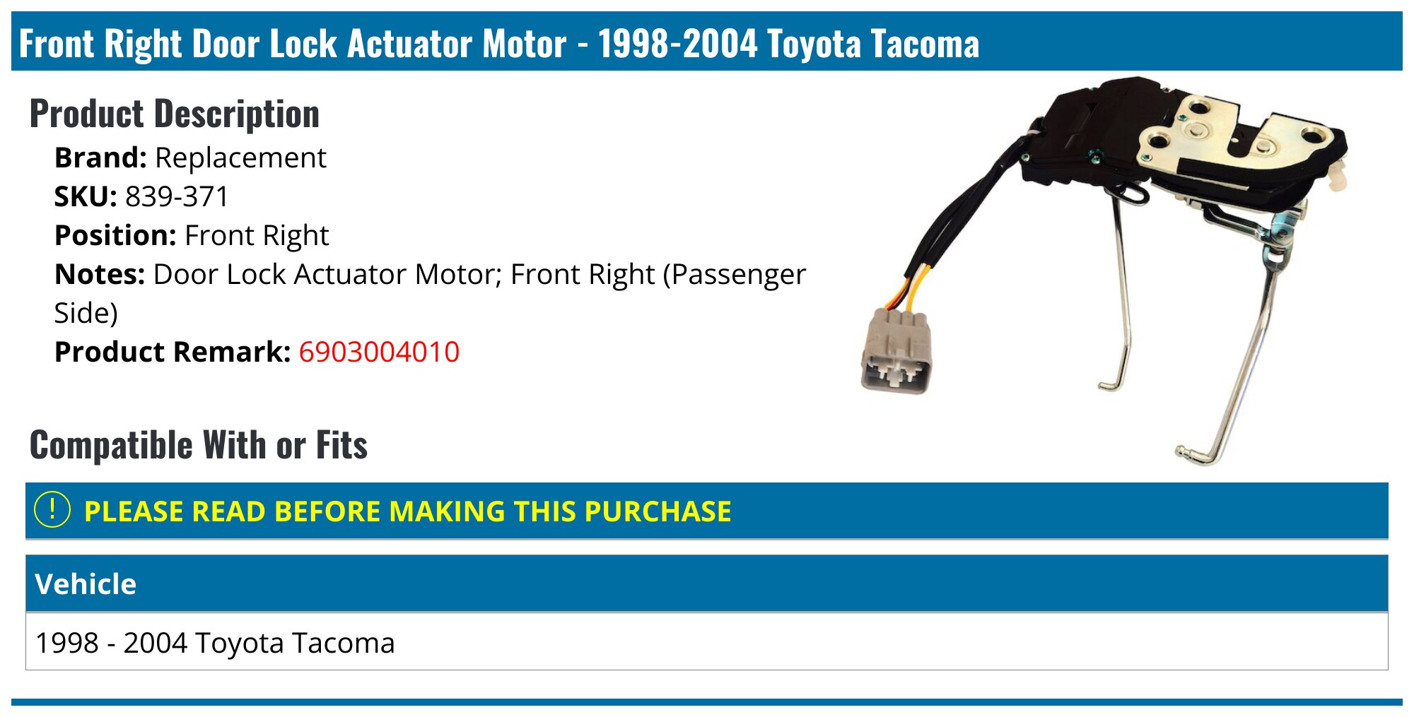 Door Lock Actuator For 1998-2004 Toyota Tacoma Front Left