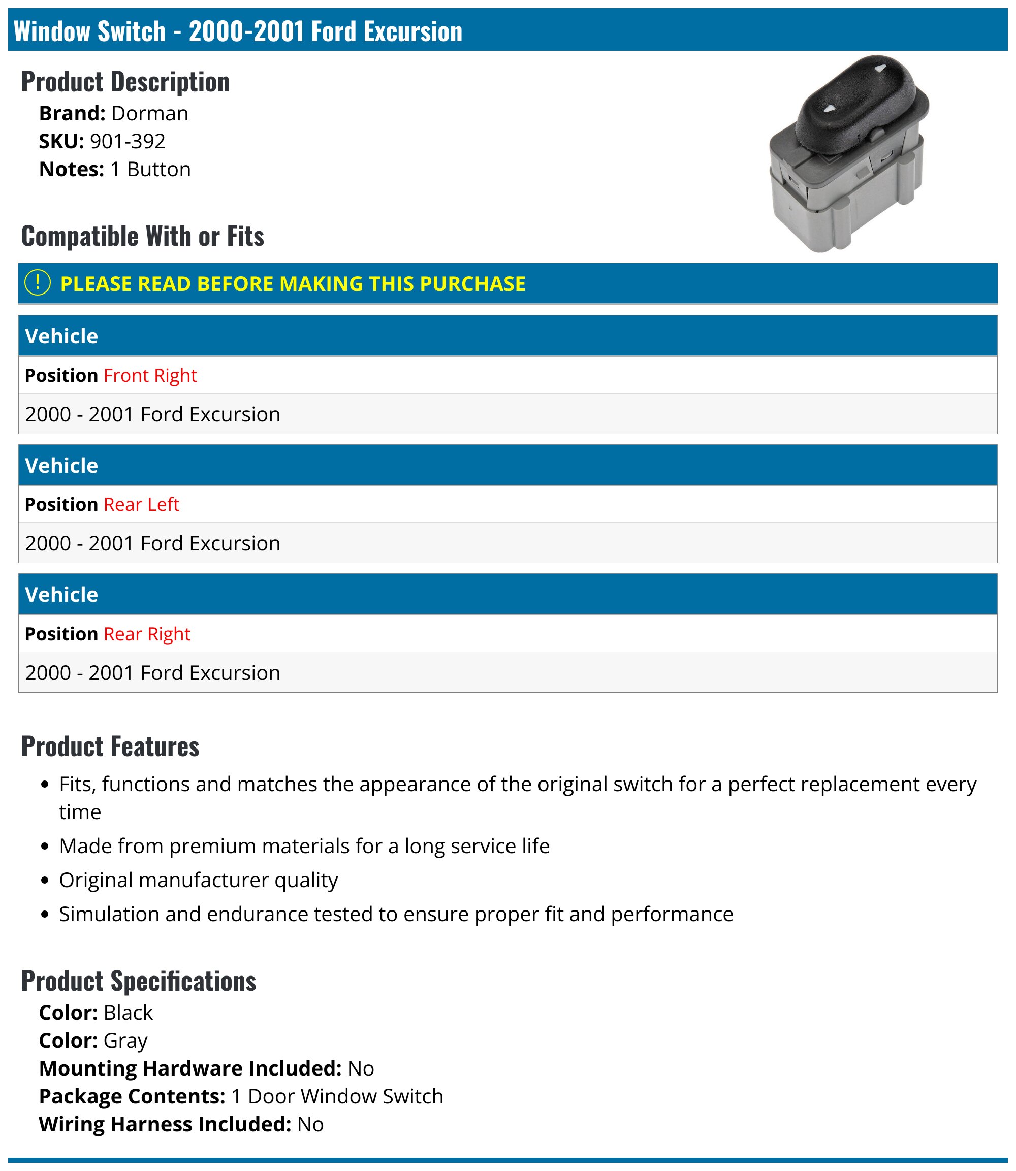 Dorman 901-392 Interruttore Alzacristalli Elettrico Per Auto, Ricambio Diretto Di Qualità OEM - 3