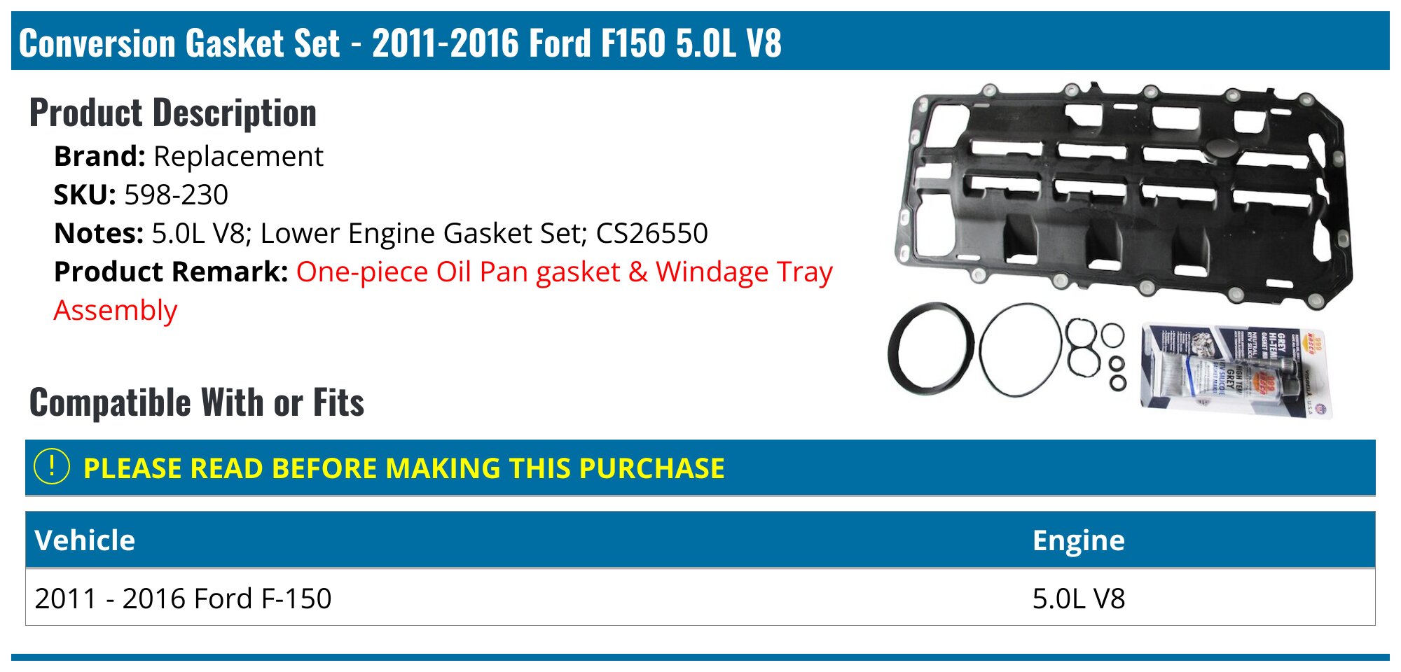 2011-2016 Ford F150 Conversion Gasket Set - Replacement 598-230 ...