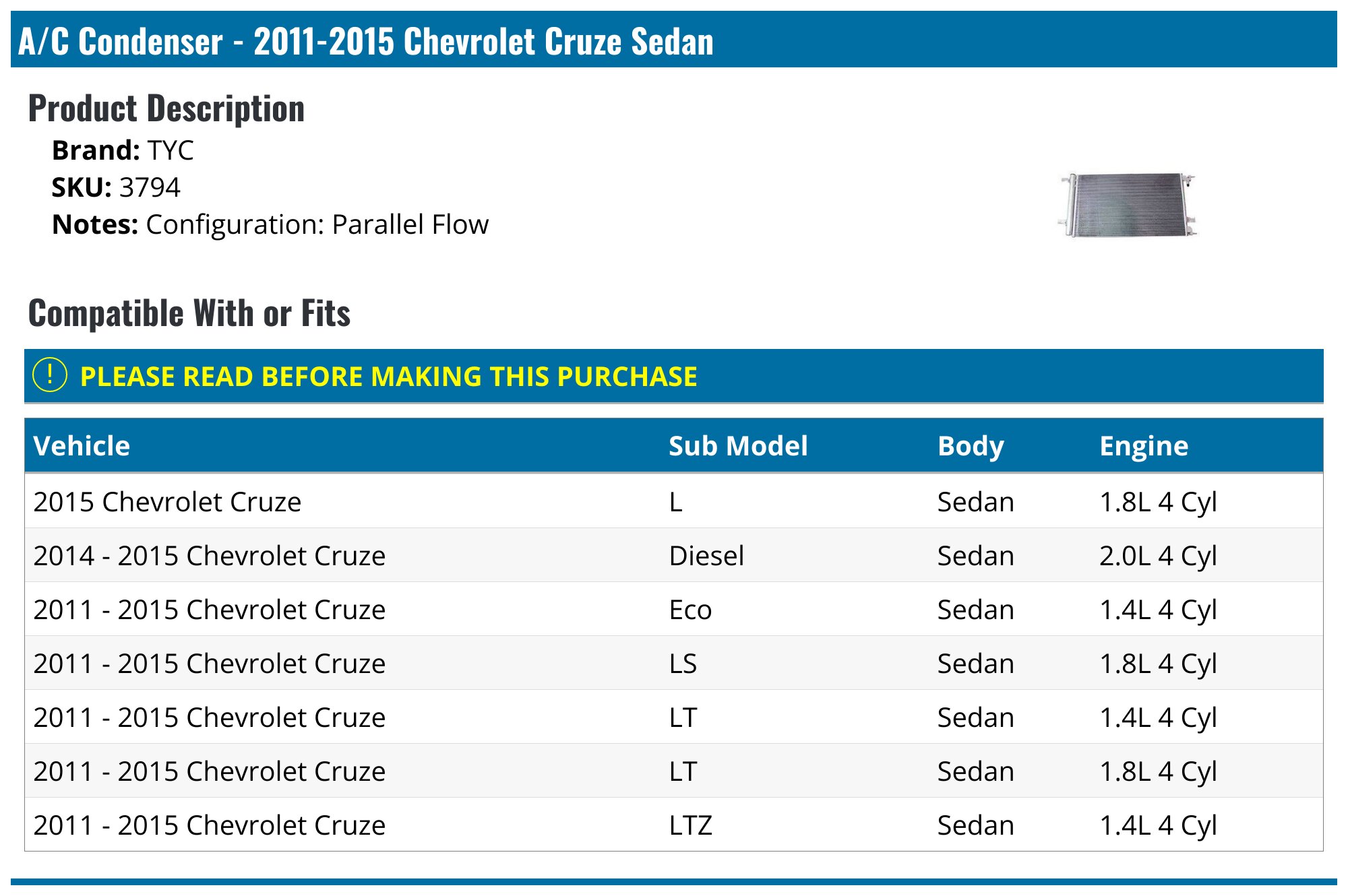 For 2011-2015 Chevrolet Cruze A/C Condenser 577NM07 2012 2013 2014