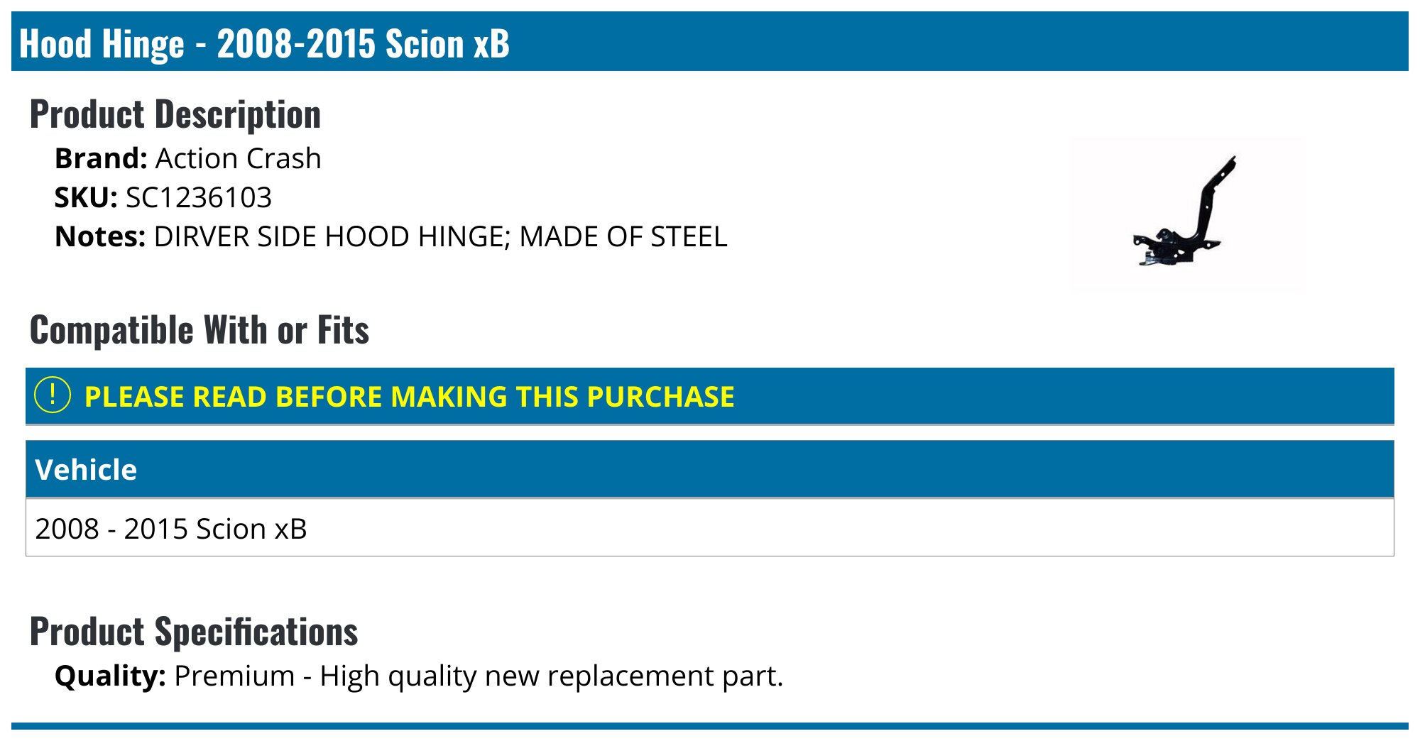 PT Auto Warehouse Hood Hinge Set (Left & Right) For Scion TC 2005-2010 - Steel, 53420-21070