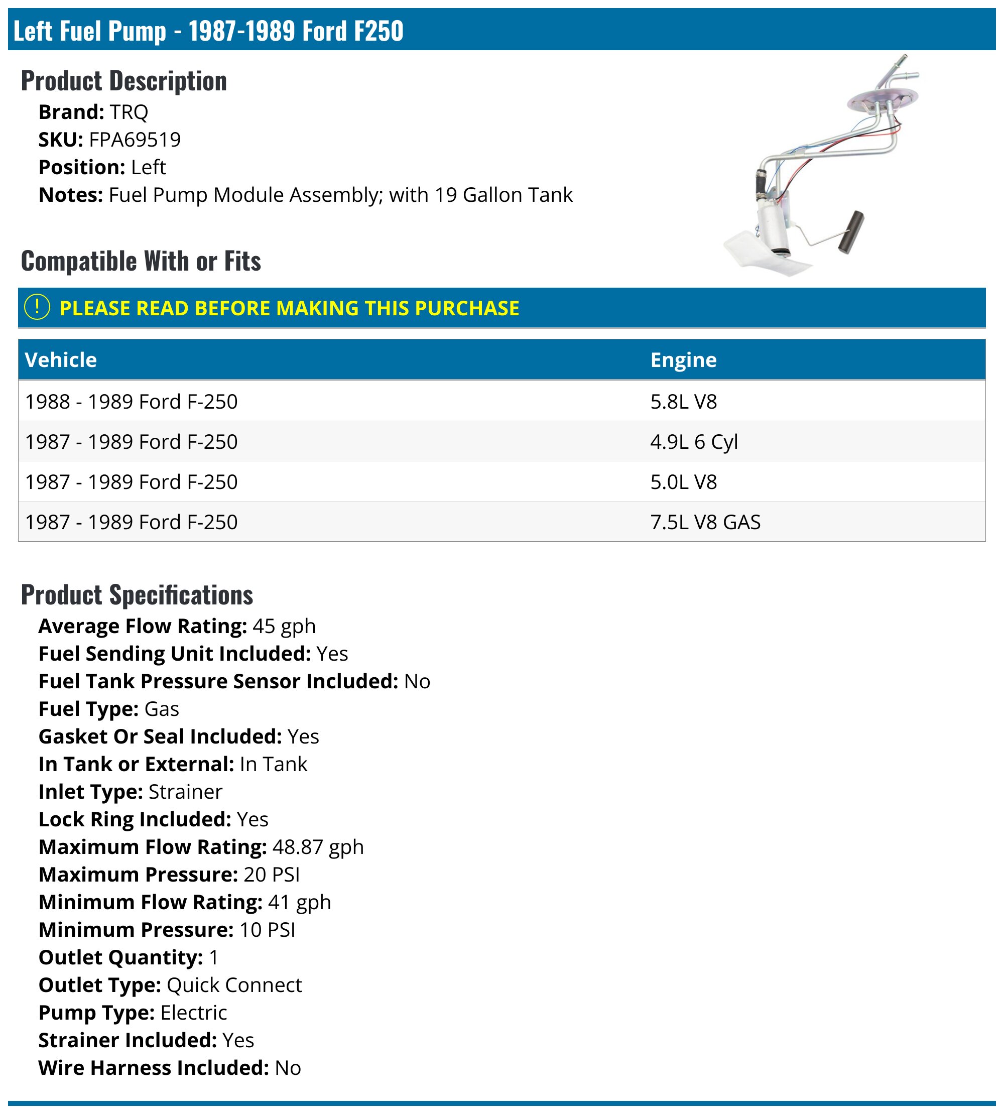 Electric Fuel Pump Module For 1987-1989 Ford F-250/F-350 7.5L - SCITOO E2103S, 1-Year Warranty