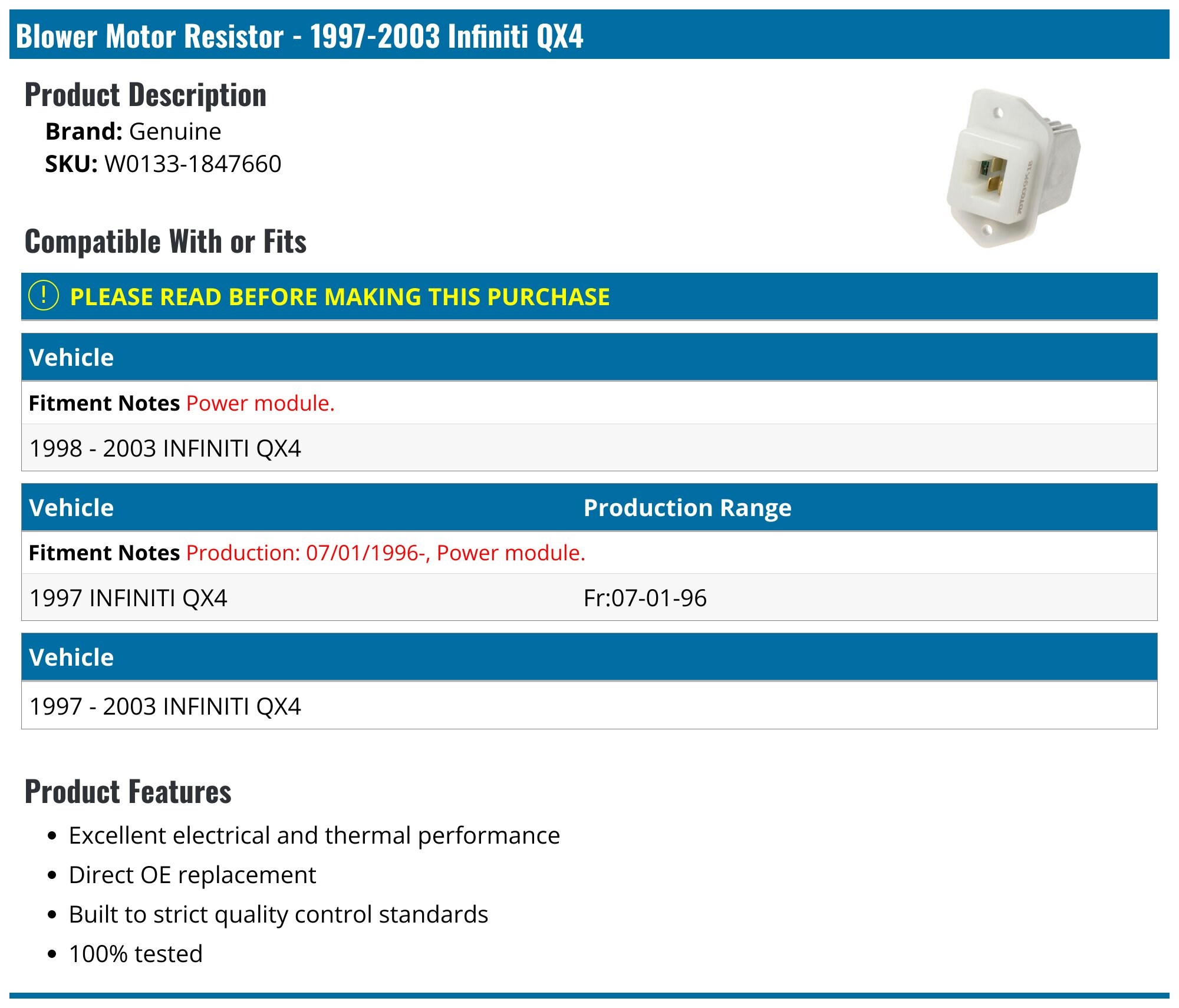 19972003 Infiniti QX4 Blower Motor Resistor Genuine W01331847660