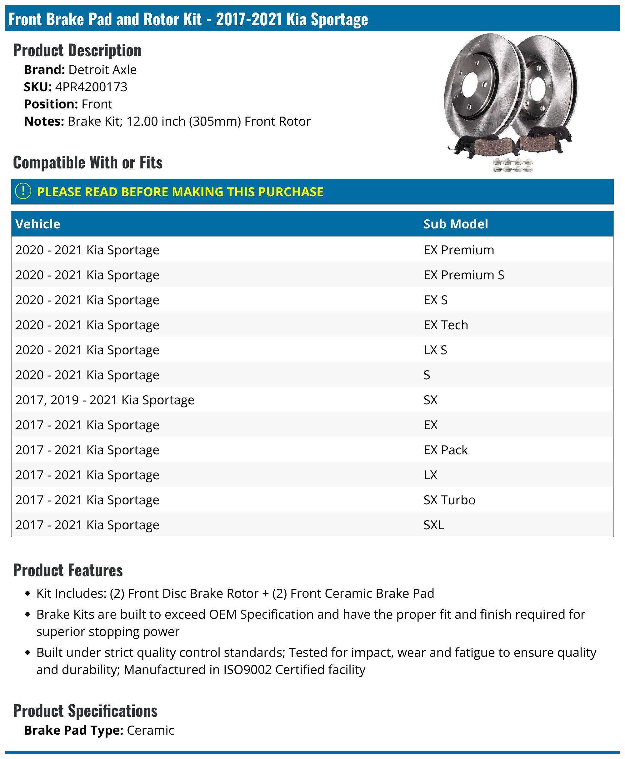 Detroit Axle Front Disc Brake Rotors + Ceramic Pads Kit For Kia Sportage 2017-2022 – 12.6in, 10-Year Warranty