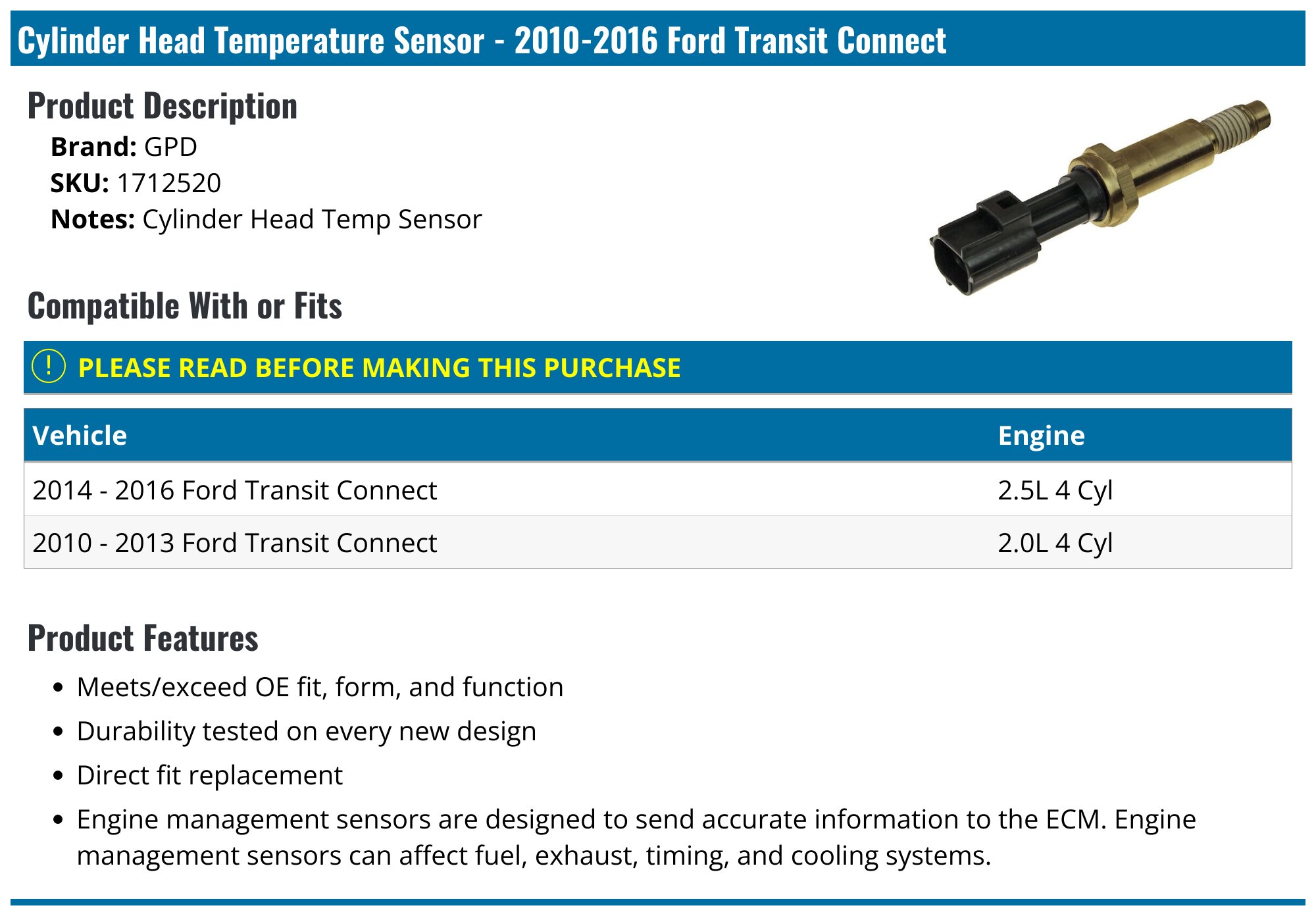 Engine Cylinder Head Temp Sensor Connector For 2010-2022 Ford Transit Connect – PG-1831617 Fit