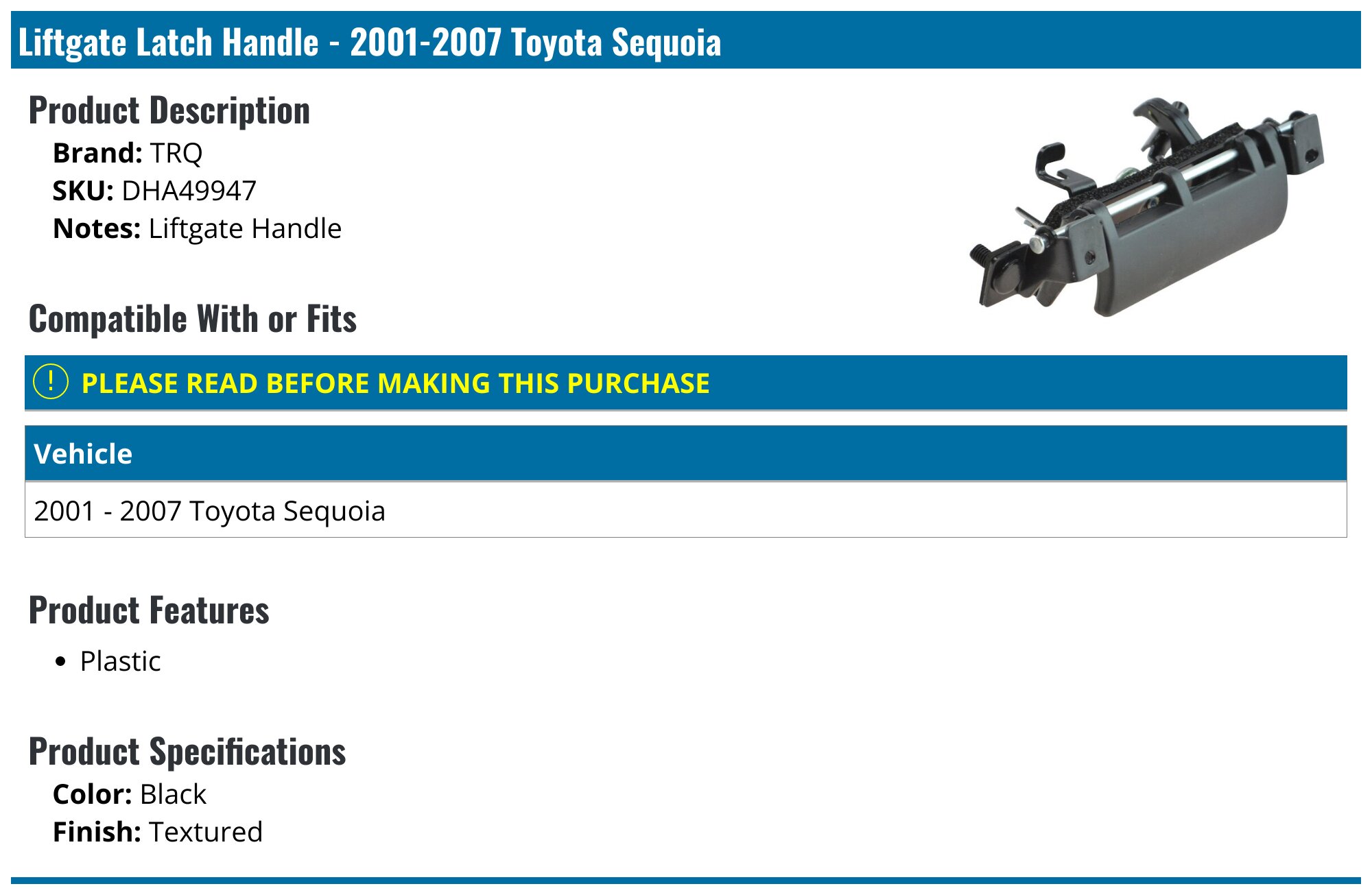 Metal Tailgate Door Handle For Toyota Sequoia 2001-2007 & Sienna 1998-2003