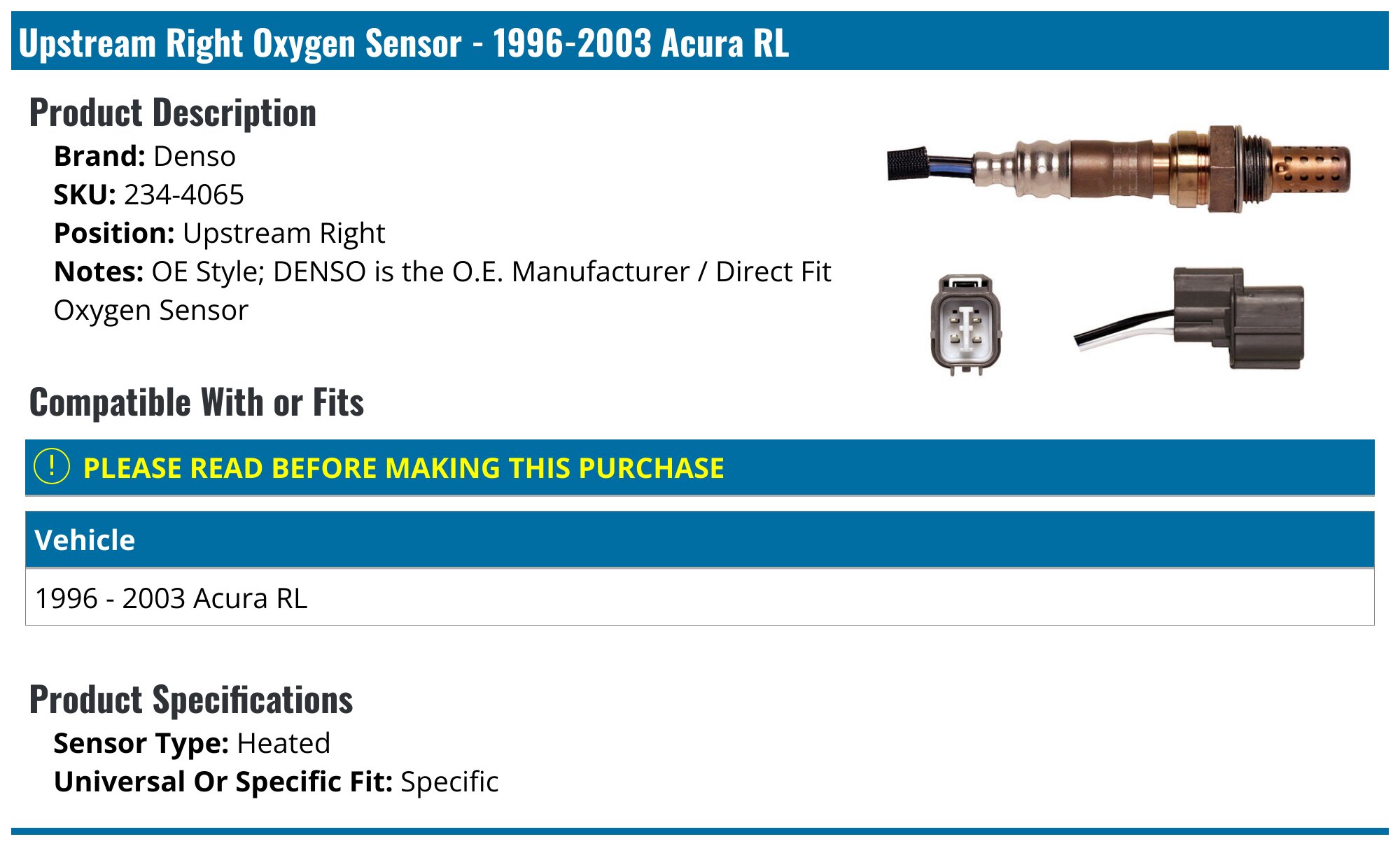 Evan-Fischer Downstream Oxygen Sensor For Acura TL (95-98) & RL (96-2004) – 4-Wire, Direct Fit, 1-Year Warranty