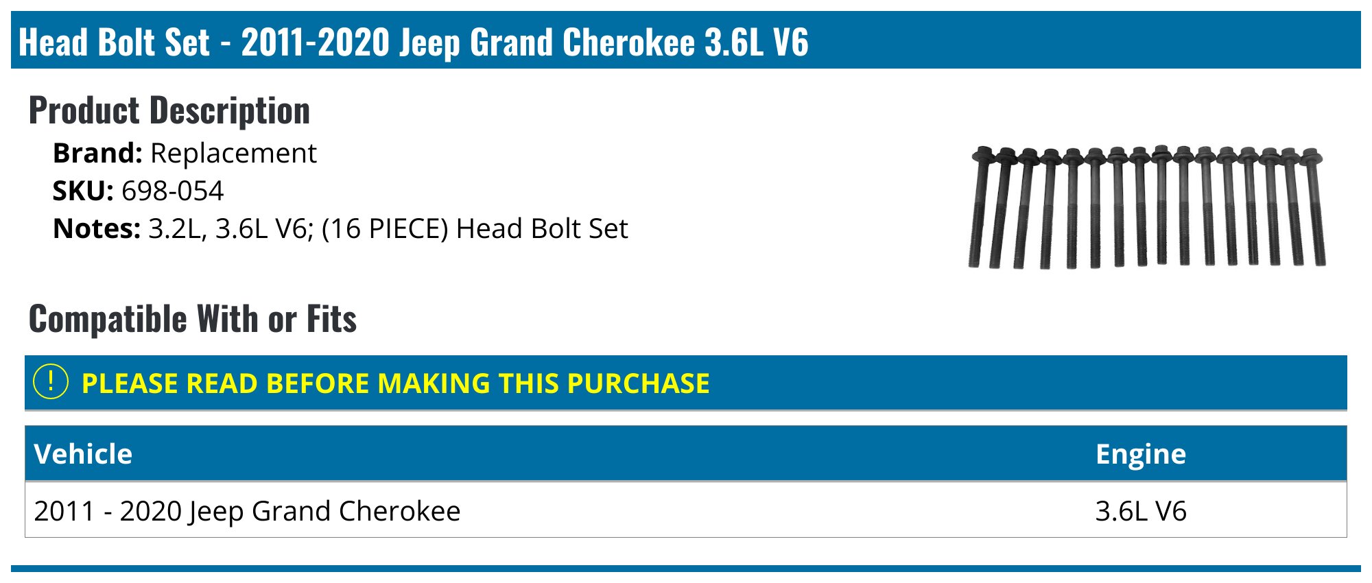 Head Gasket & Bolt Set – 04-06 Jeep Grand Cherokee, Wrangler 4.0 OHV VIN S/V, Mizumo Auto