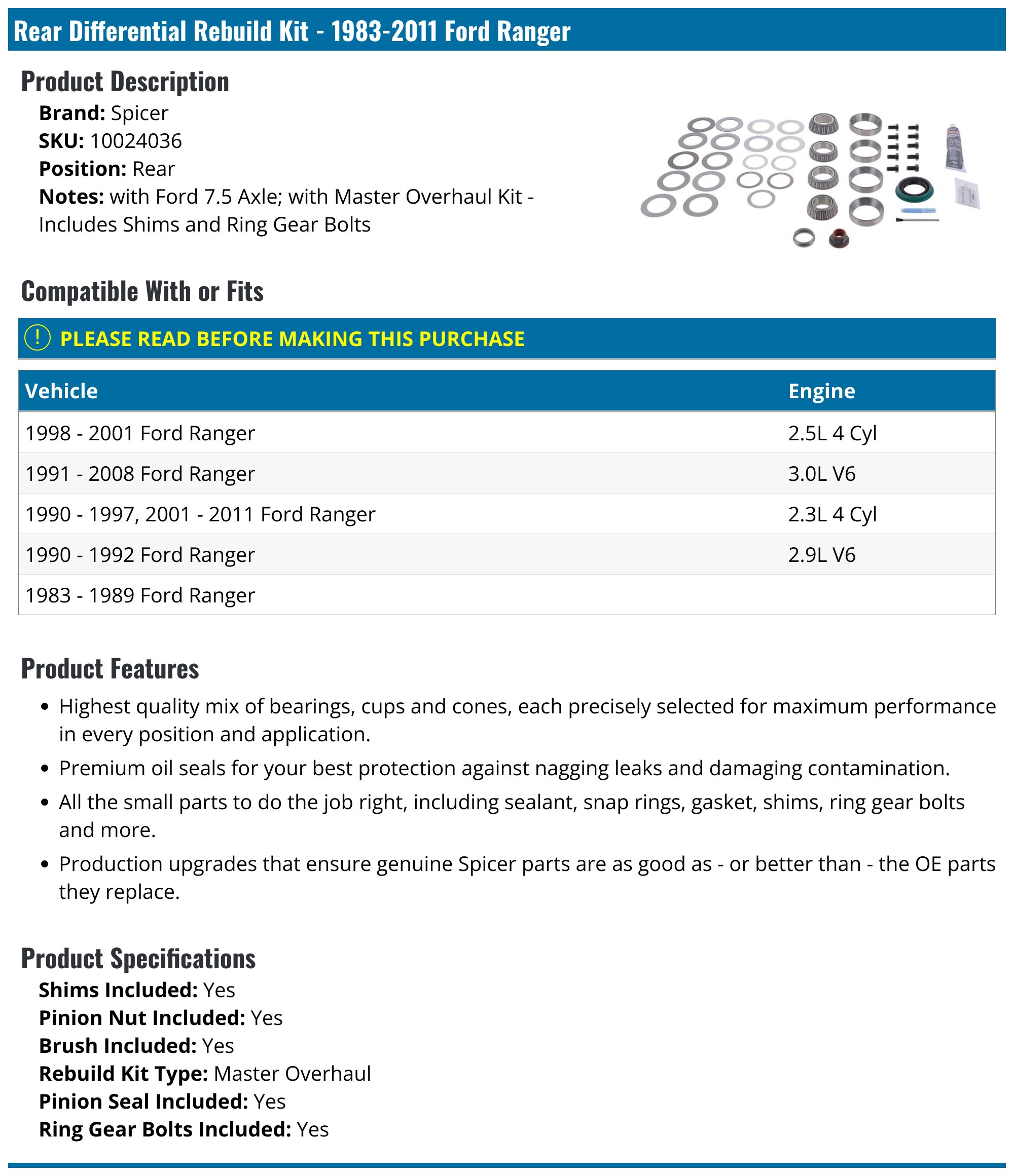 1983-2011 Ford Ranger Differential Rebuild Kit - Spicer 10024036 - Rear ...