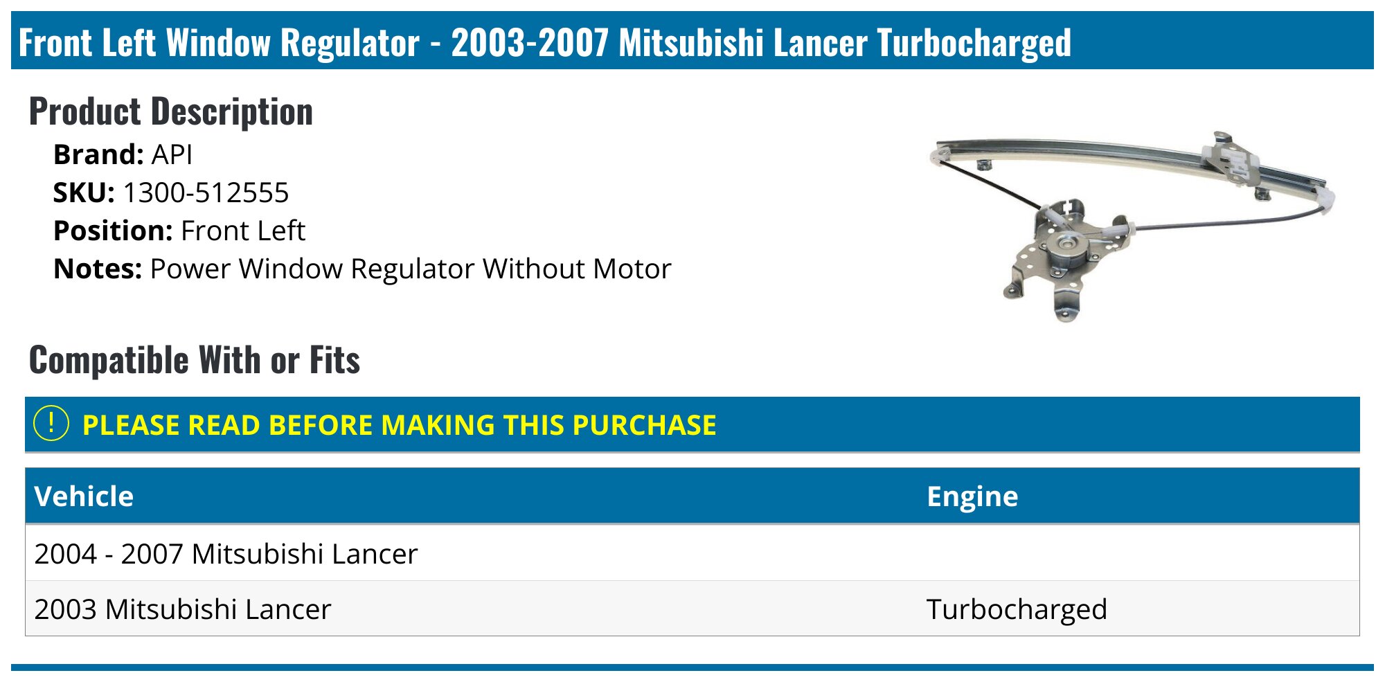 2017 MITSUBISHI LANCER CF MY17 DOOR WINDOW REGULATOR RR | Australia
