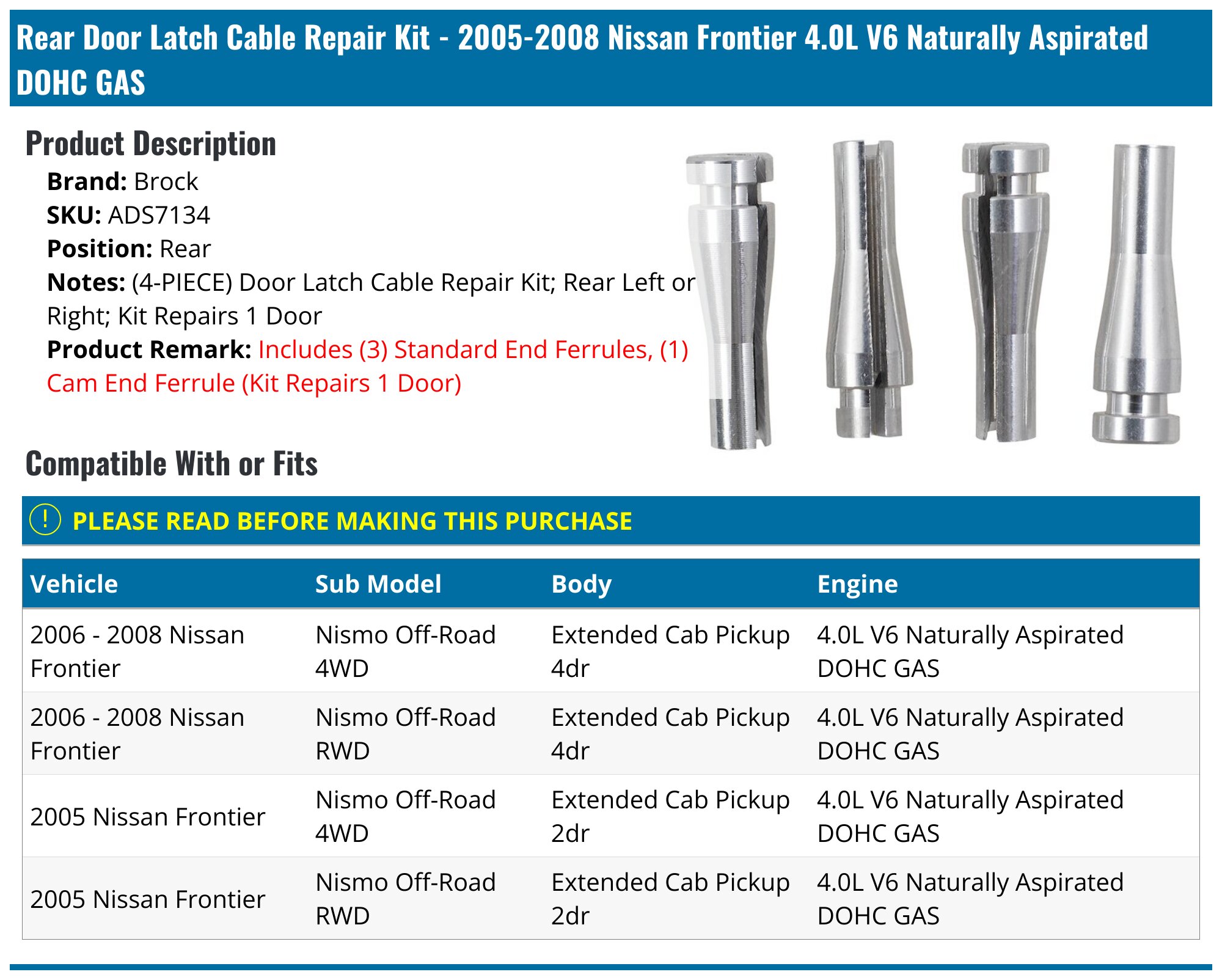 20052008 Nissan Frontier Door Latch Cable Repair Kit Brock ADS7134
