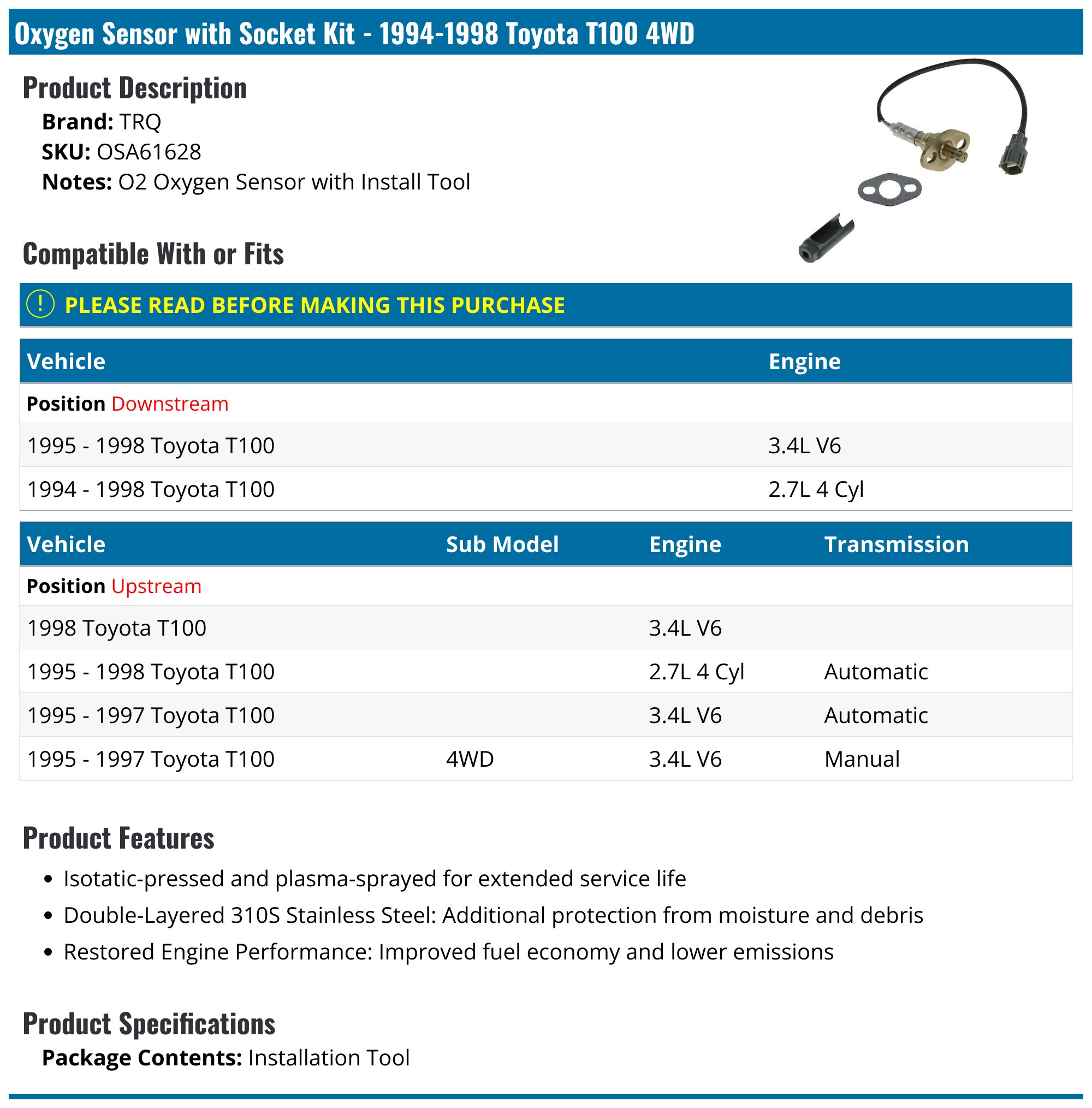 19931997 Toyota T100 Oxygen Sensor TRQ OSA61628 Upstream