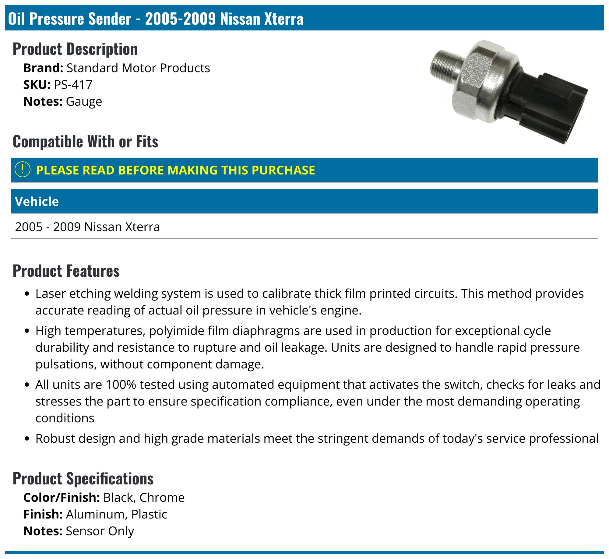 20052009 Nissan Xterra Oil Pressure Sender Standard Motor Products