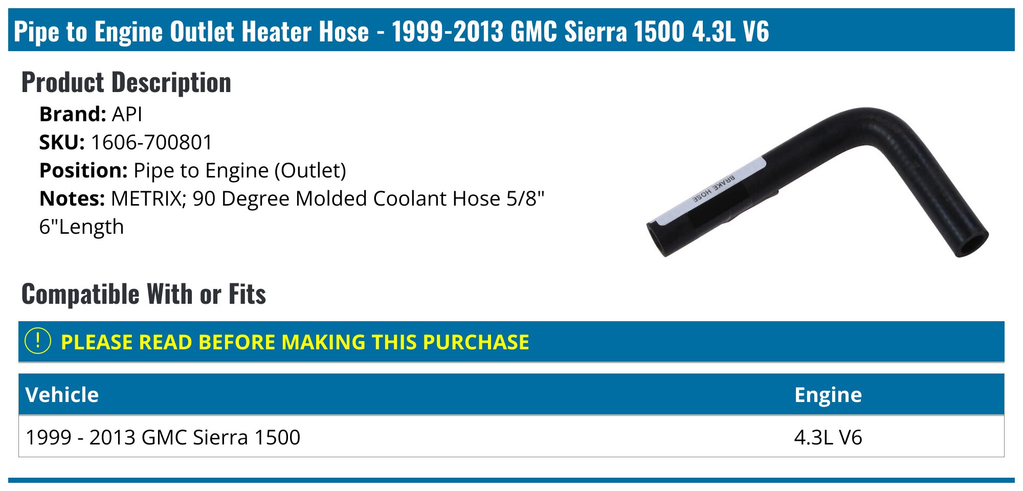 1999-2013 GMC Sierra 1500 Heater Hose - API 4254-02580786 - Pipe to ...