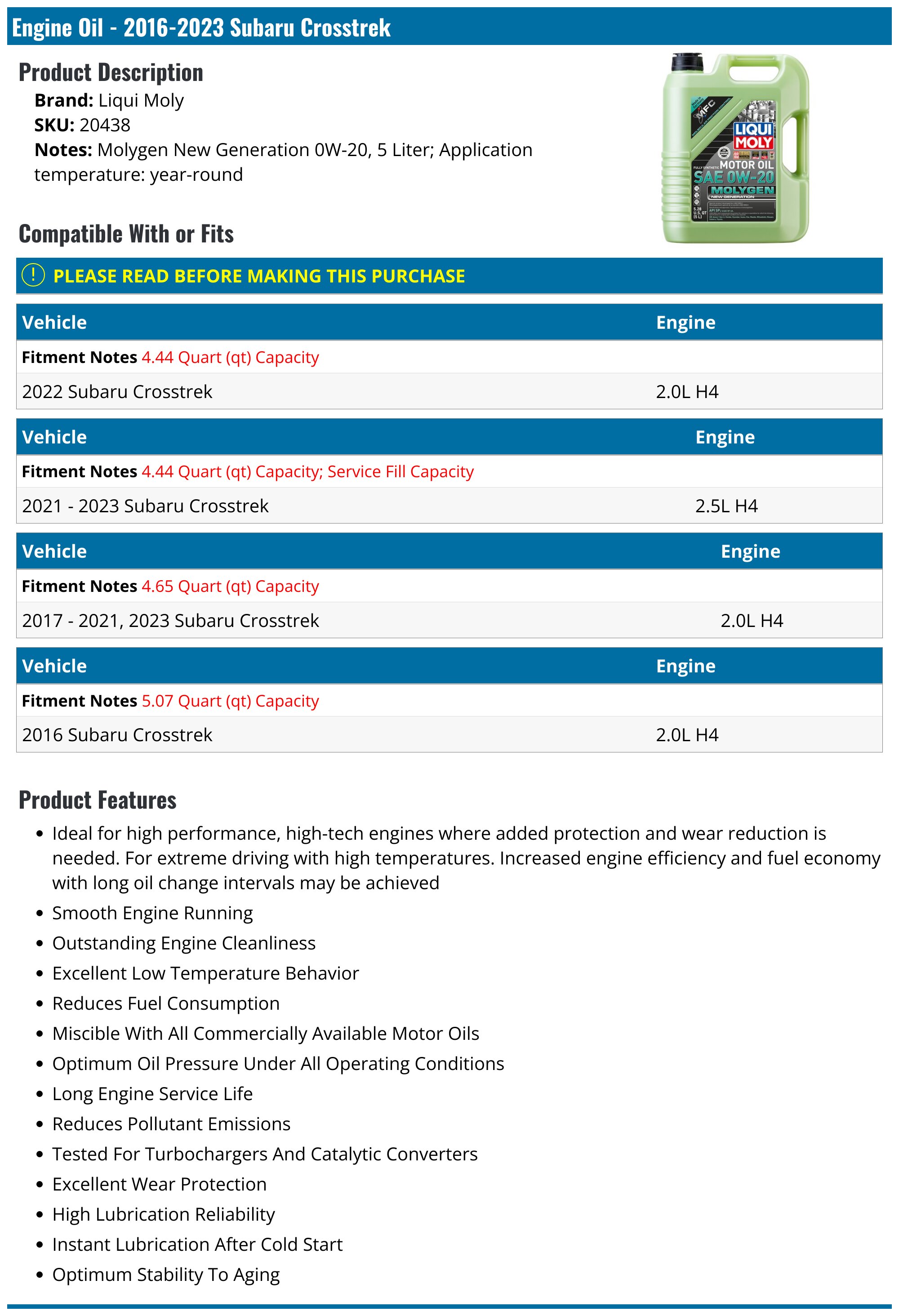 Oil For 2016 Subaru Crosstrek