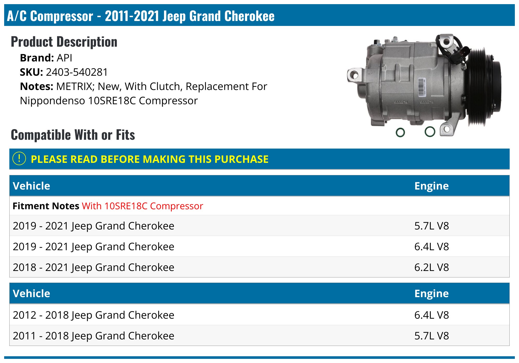 Used Air Suspension Compressor Suction Hose For 2011-2020 Jeep Grand Cherokee