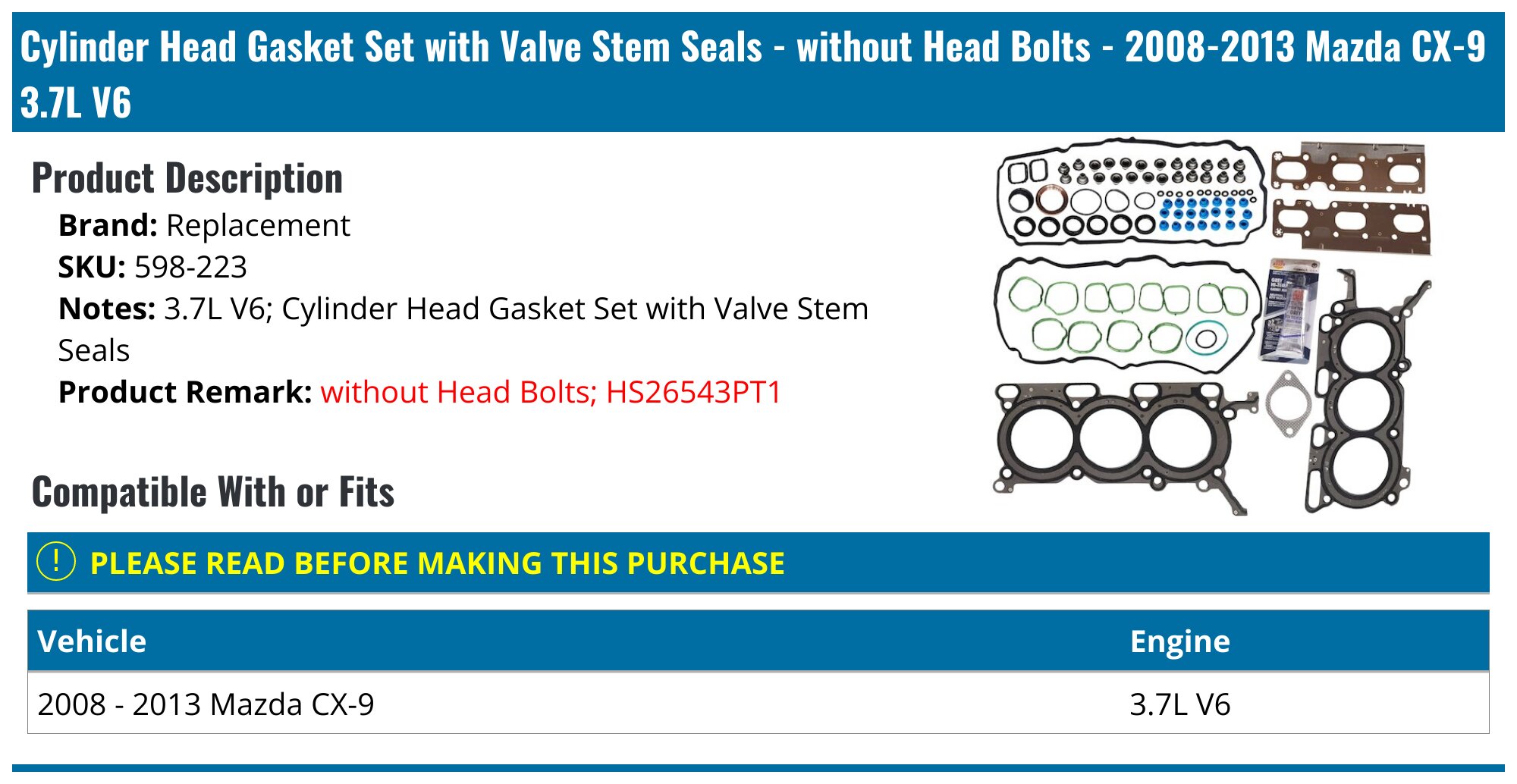 Complete Head Gasket & Bolt Set For 1998-2002 Mazda 626 & Protege With 1.8L/2.0L DOHC