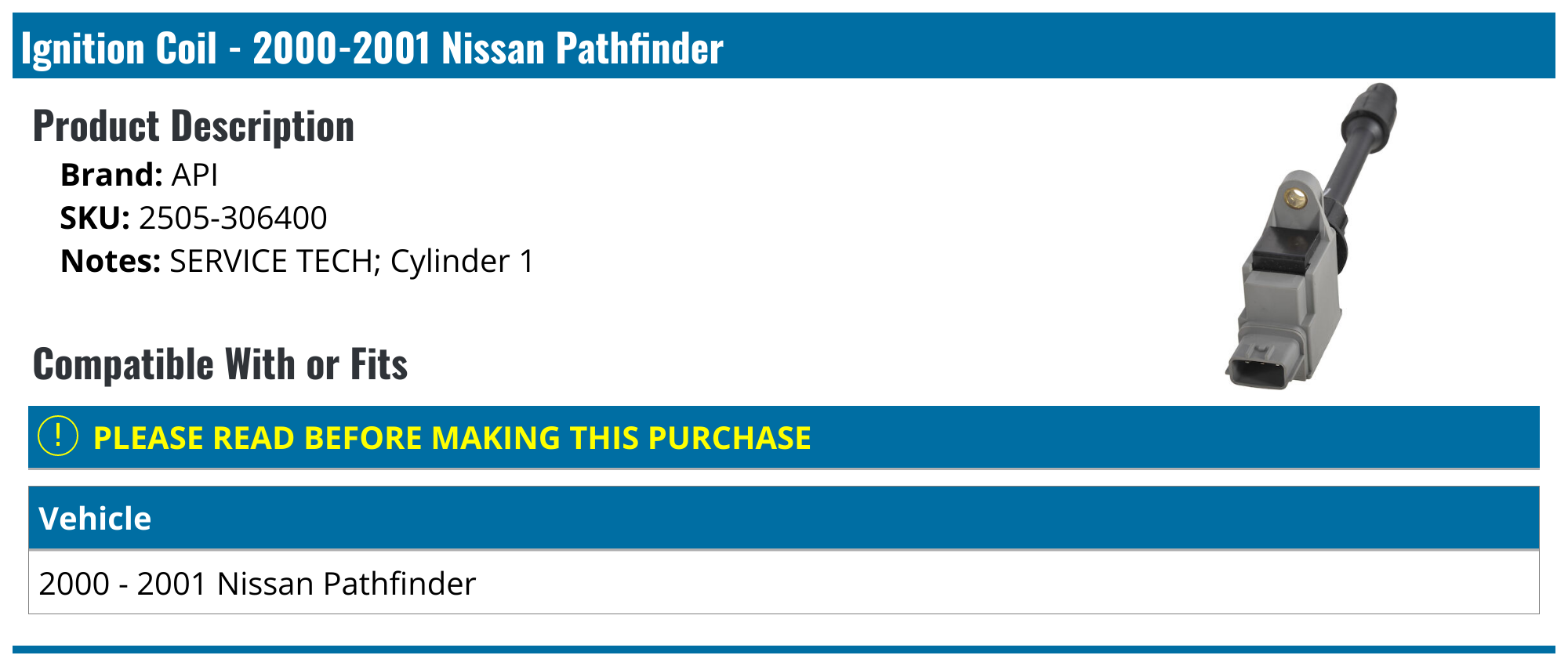 20002001 Nissan Pathfinder Ignition Coil API 675407868354