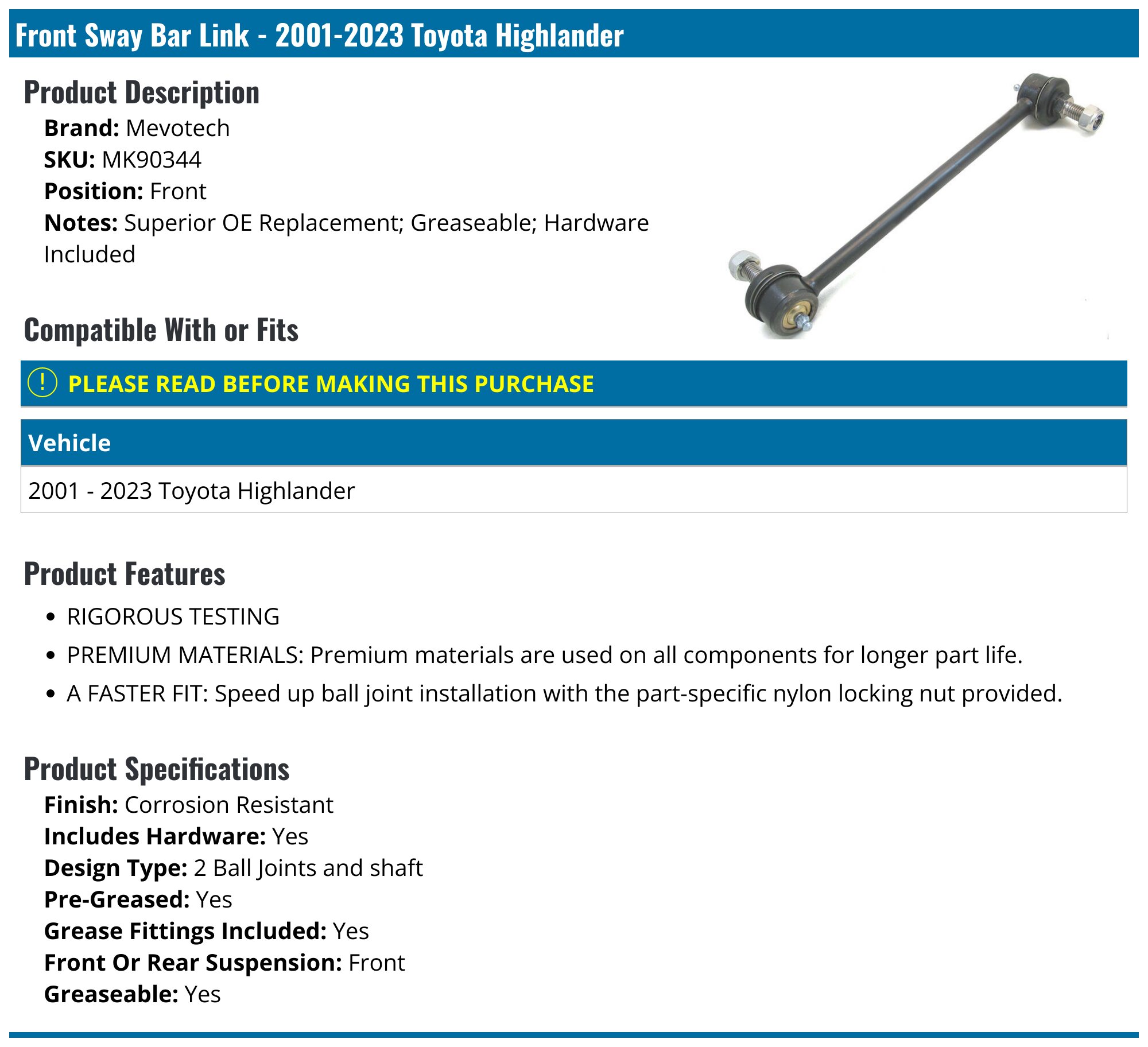 Autoutdoor Ball Joint & Sway Bar Link Kit – For 2001-2007 Toyota Highlander, 6pc
