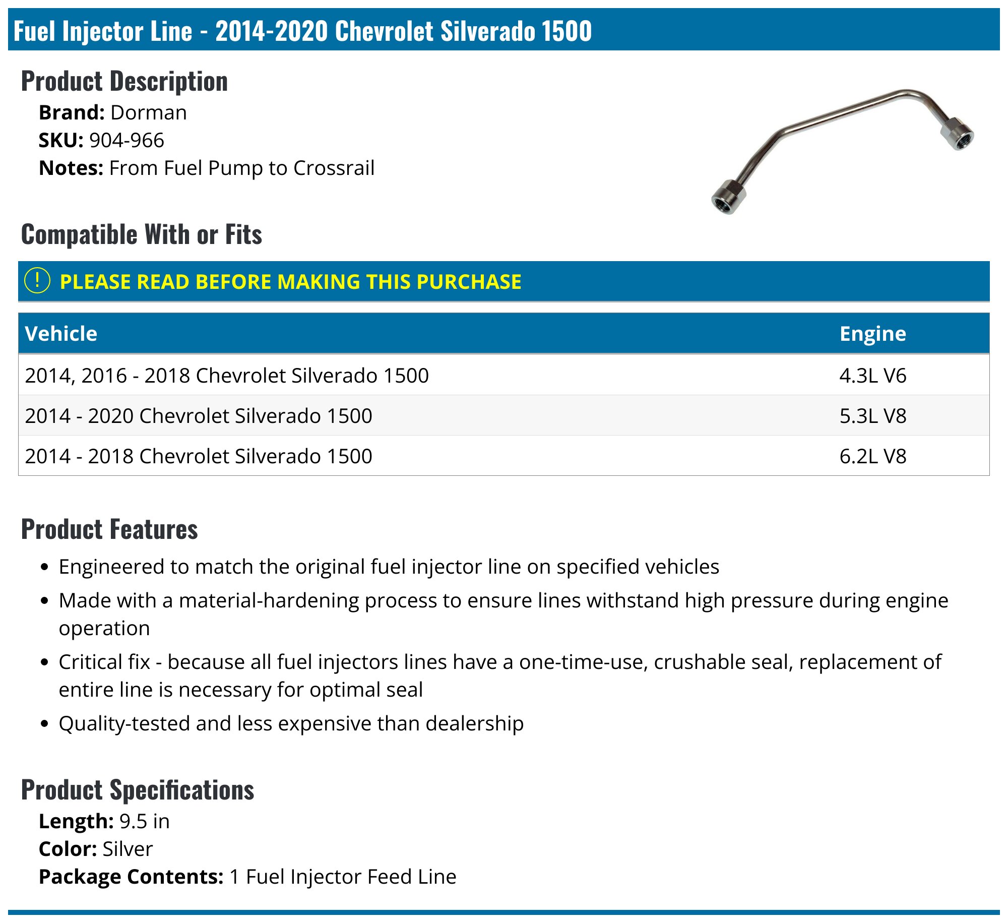 2014-2020 Chevrolet Silverado 1500 Fuel Injector Line - Dorman 904-966 ...