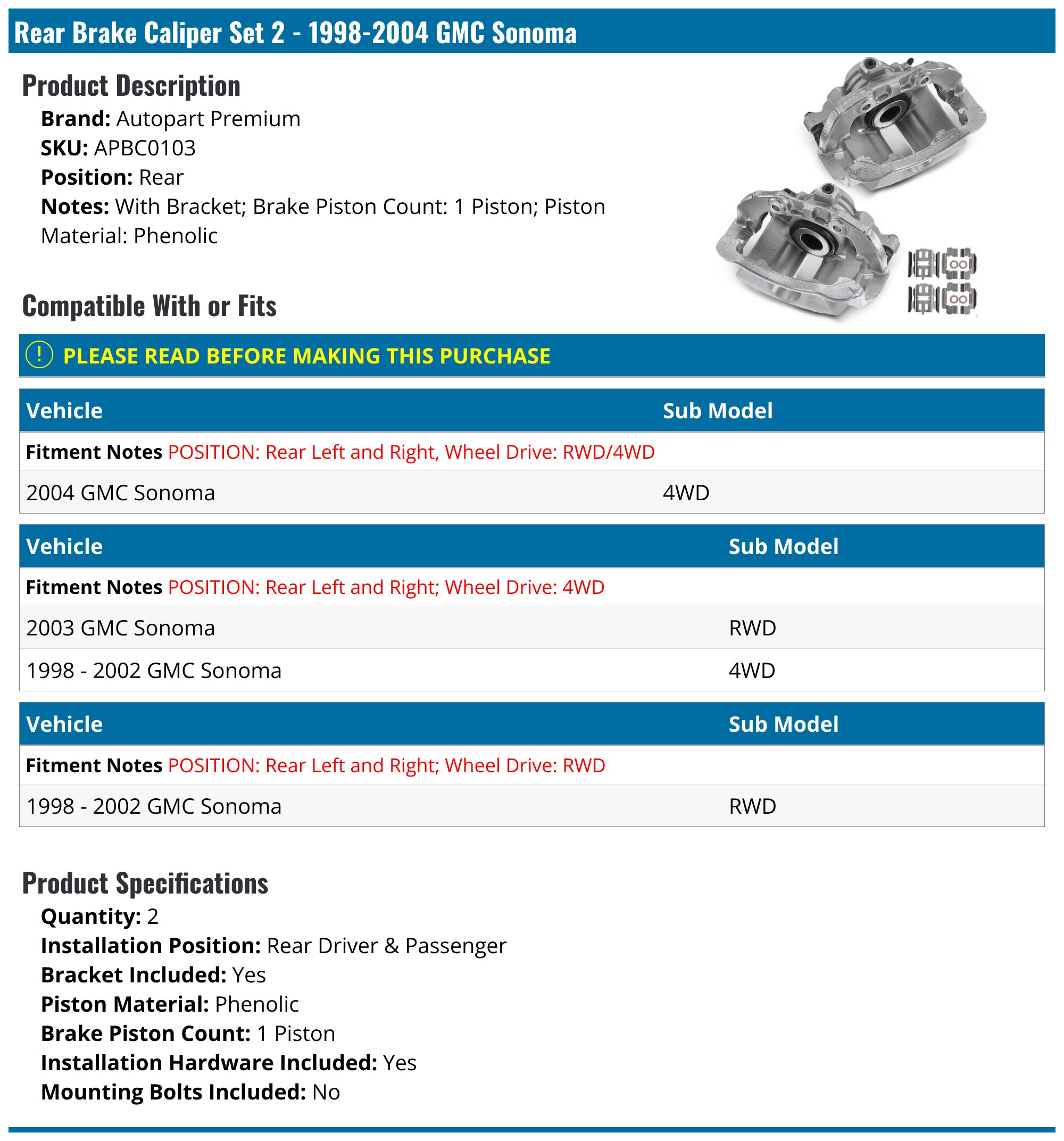 GMC Sonoma Brake Caliper - Brake Calipers - Autopart Premium TRQ ...