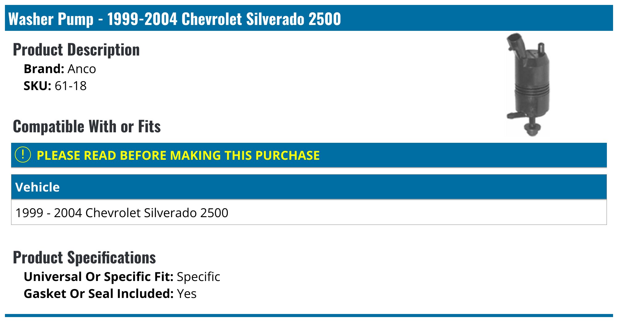 19992004 Chevrolet Silverado 2500 Washer Pump Anco 6118
