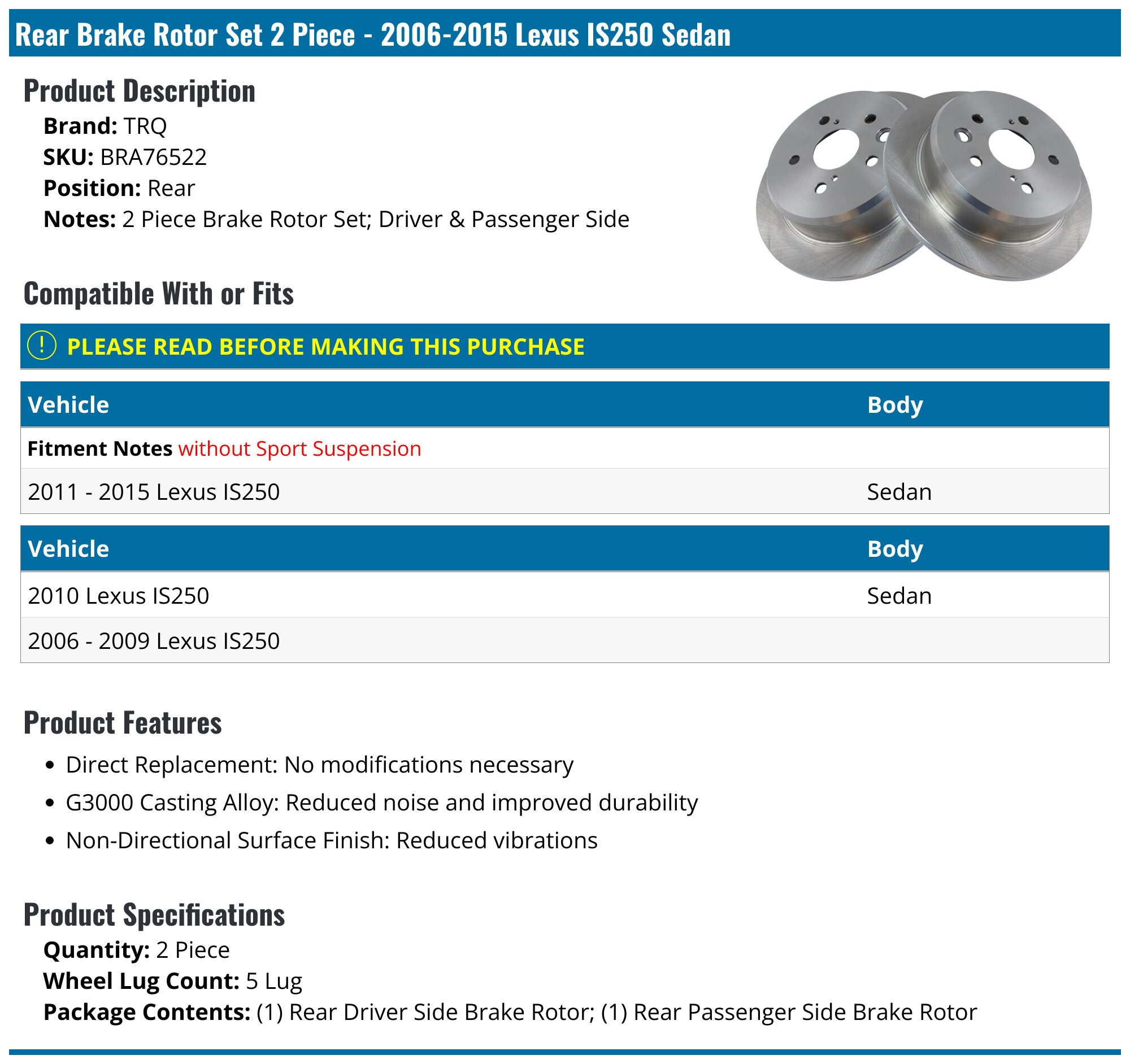 Rear] Disc Brake Rotors Pair For Lexus IS250 827098116112