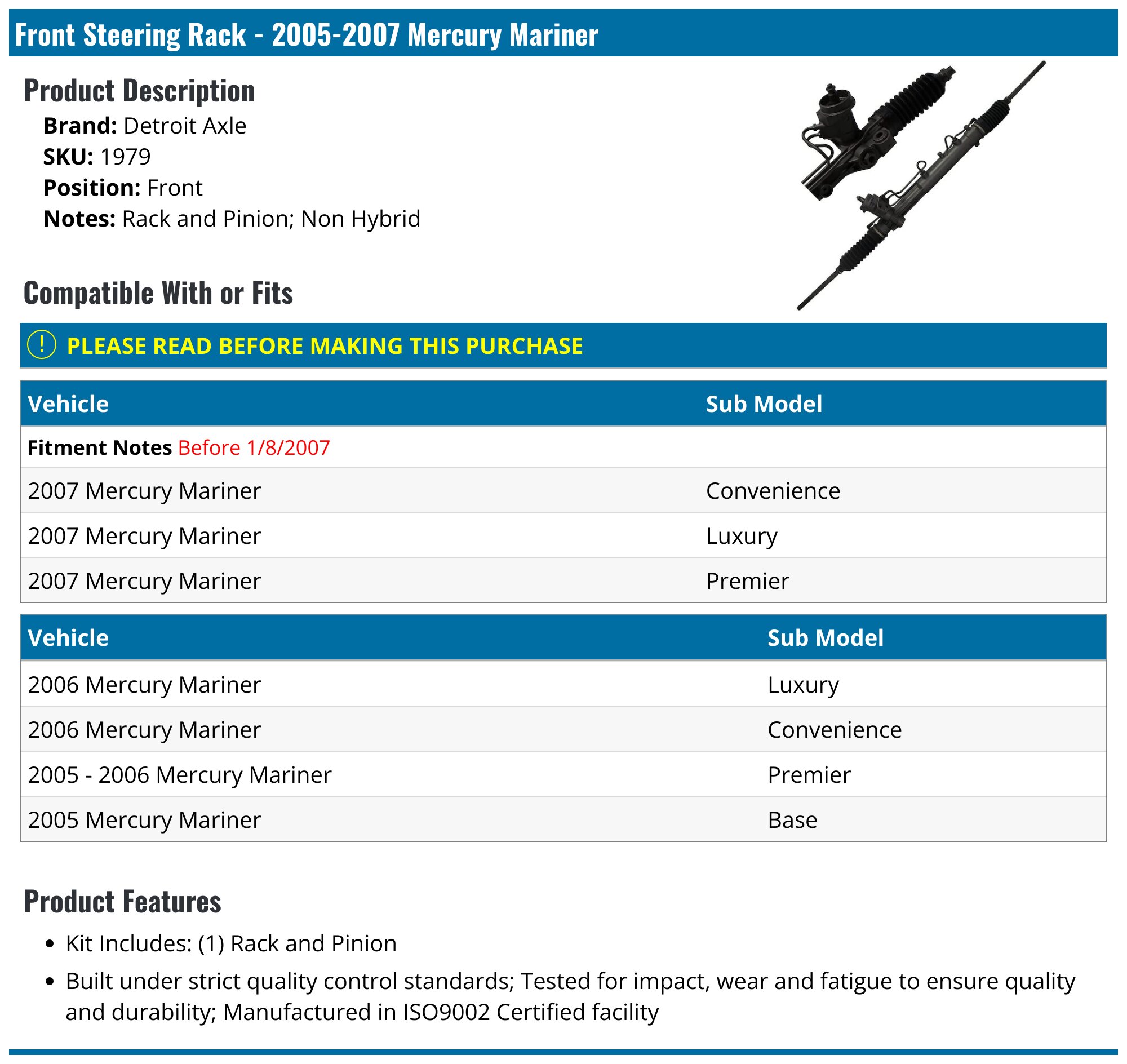 2005-2007 Mercury Mariner Steering Rack - Detroit Axle 1979 - Front ...