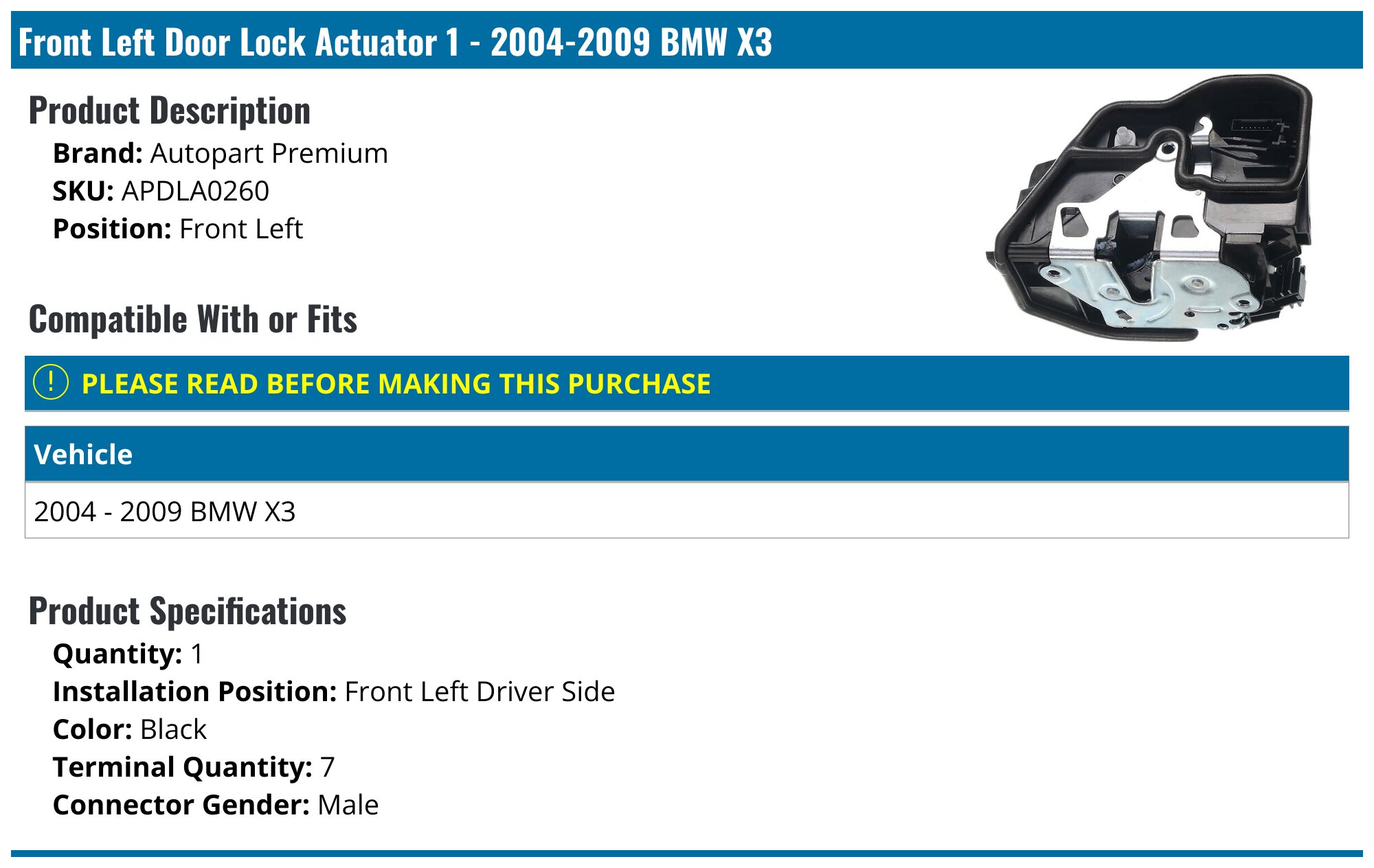 20042009 BMW X3 Door Lock Actuator Autopart Premium APDLA0260