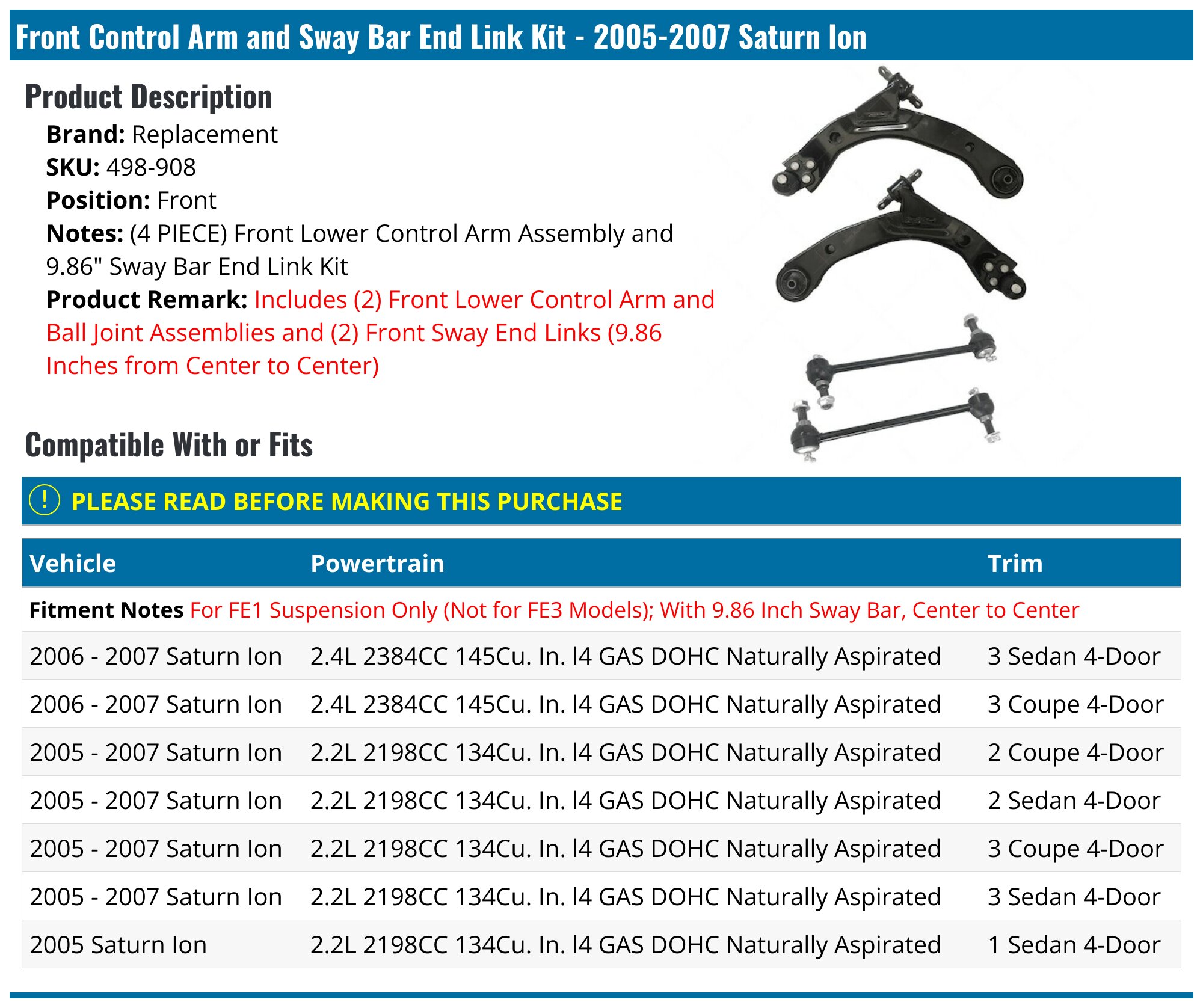 Front Control Arm and Sway Bar End Link Kit - 2005-2007 Saturn Ion -  Replacement 18350-02039587, image size:2000x1676