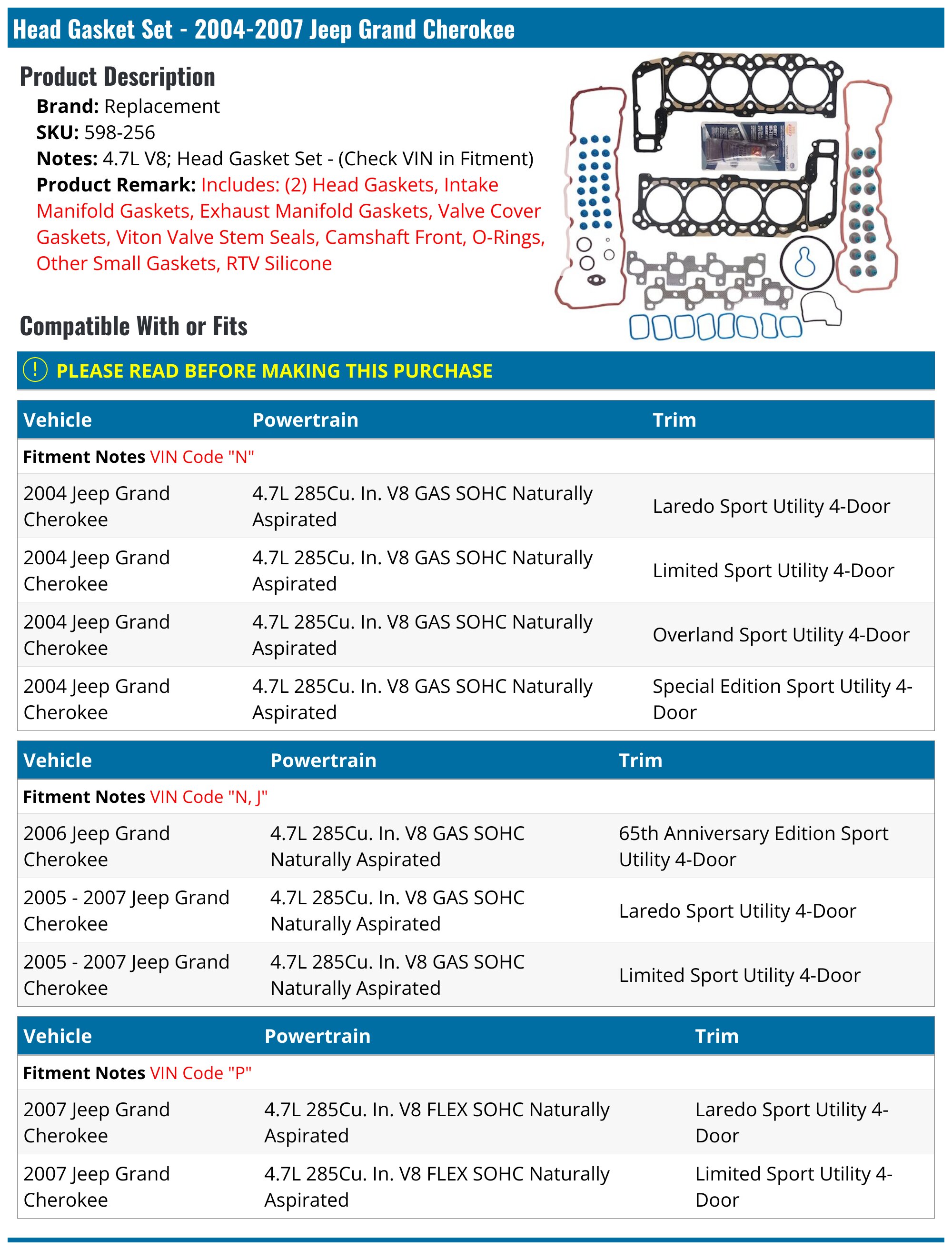 20042007 Jeep Grand Cherokee Head Gasket Replacement 598256