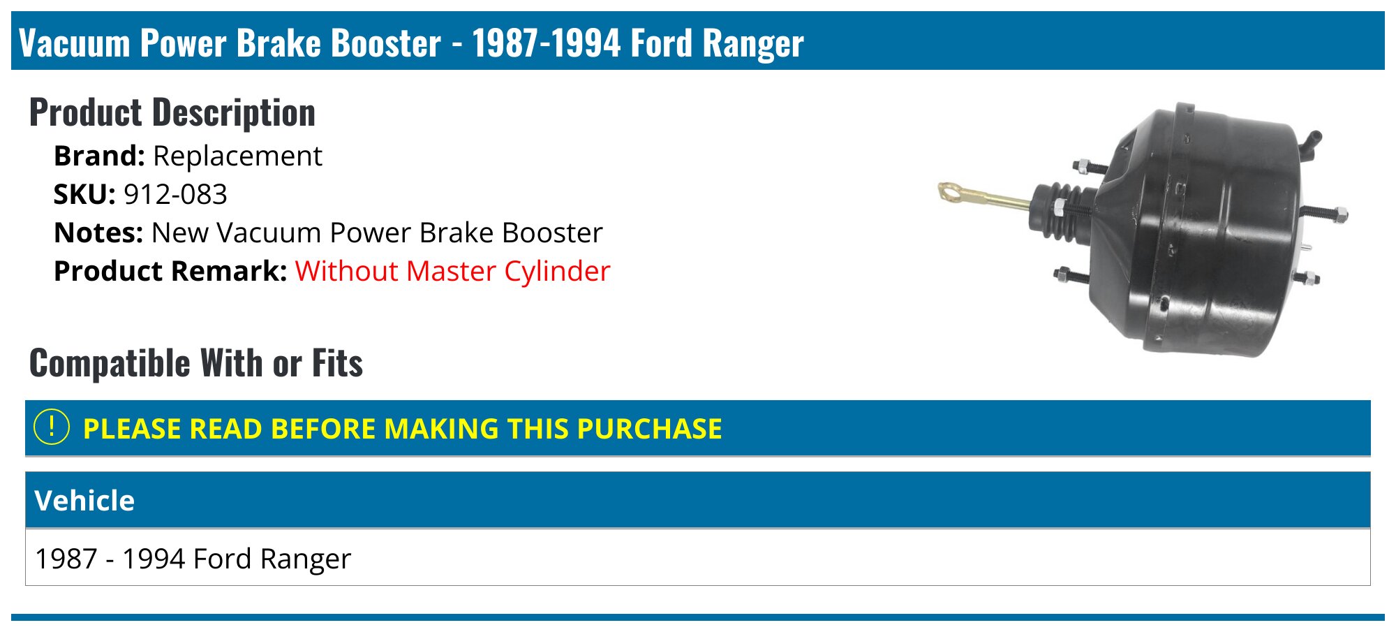 Power Brake Booster For Ford Bronco II Explorer F-250 F-350 Ranger