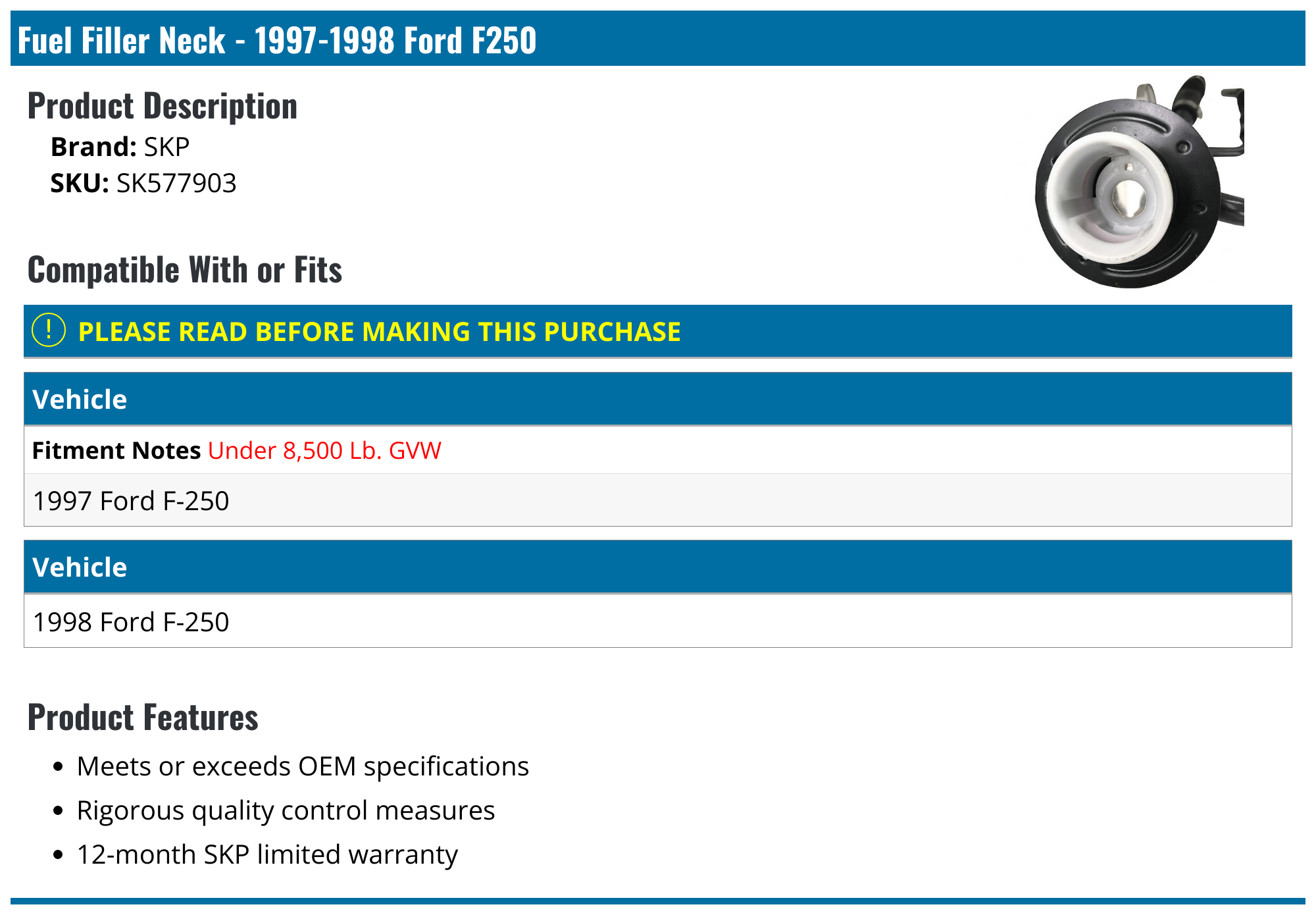 19971998 Ford F250 Fuel Filler Neck SKP SK577903