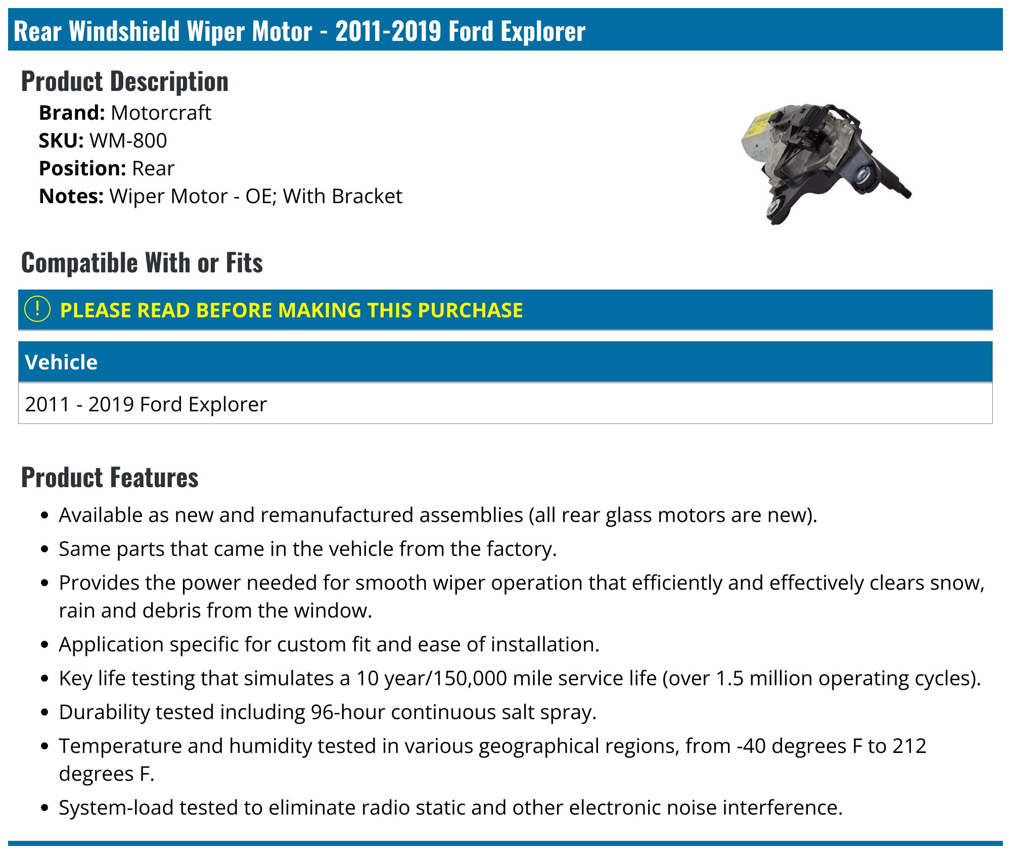 A-Premium Windshield Wiper Motor Rear Replacement For Ford Lincoln