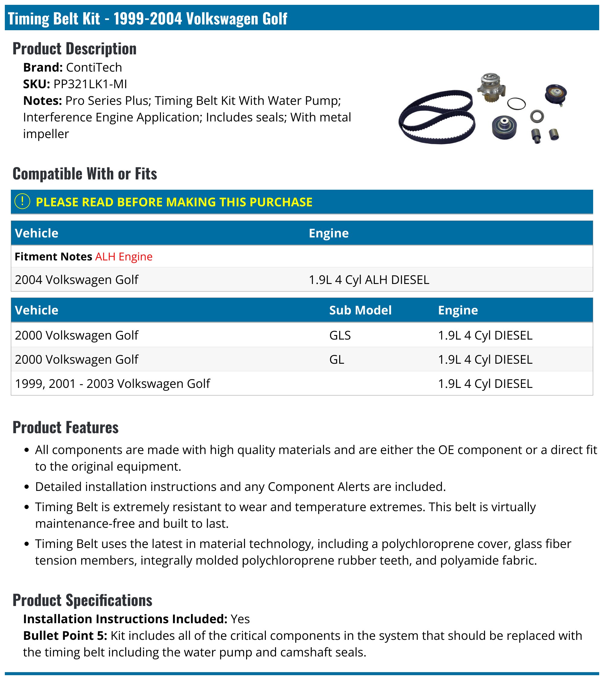 ACDelco TCKWP296 Engine Timing Belt Kit With Water Pump