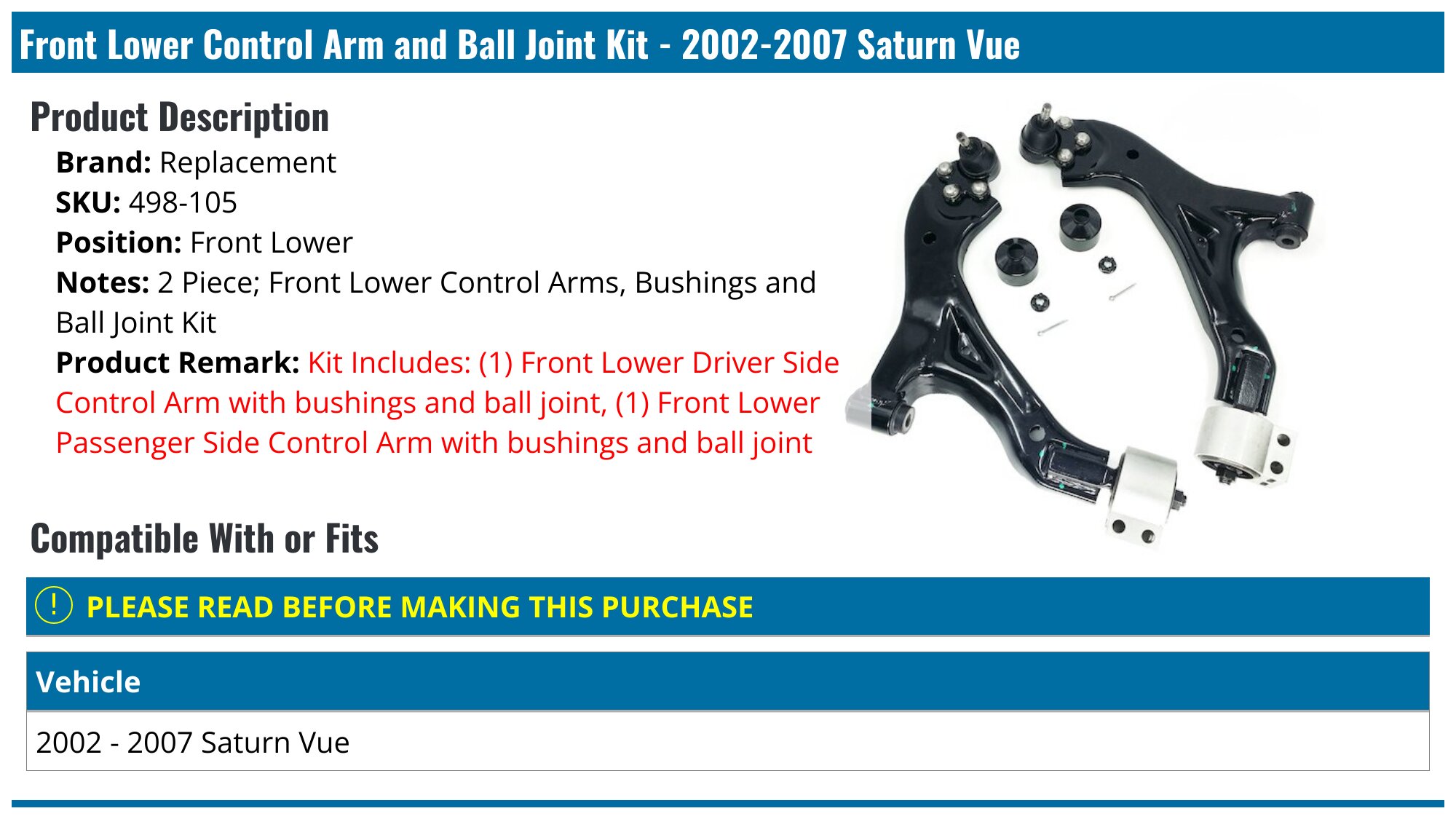 Front Lower Control Arm and Ball Joint Kit - 2002-2007 Saturn Vue -  Replacement 4925-02710308, image size:2000x1125