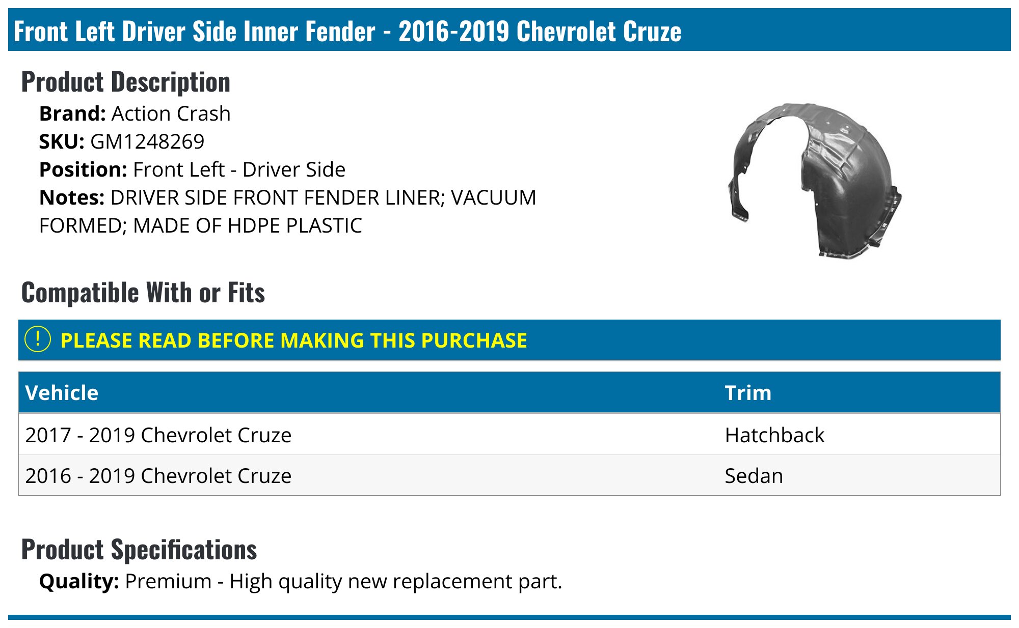 For Chevy Cruze 2011 12 13 14 2015 Fender Liner Passenger Side | Front | 95472792 | GM1249226