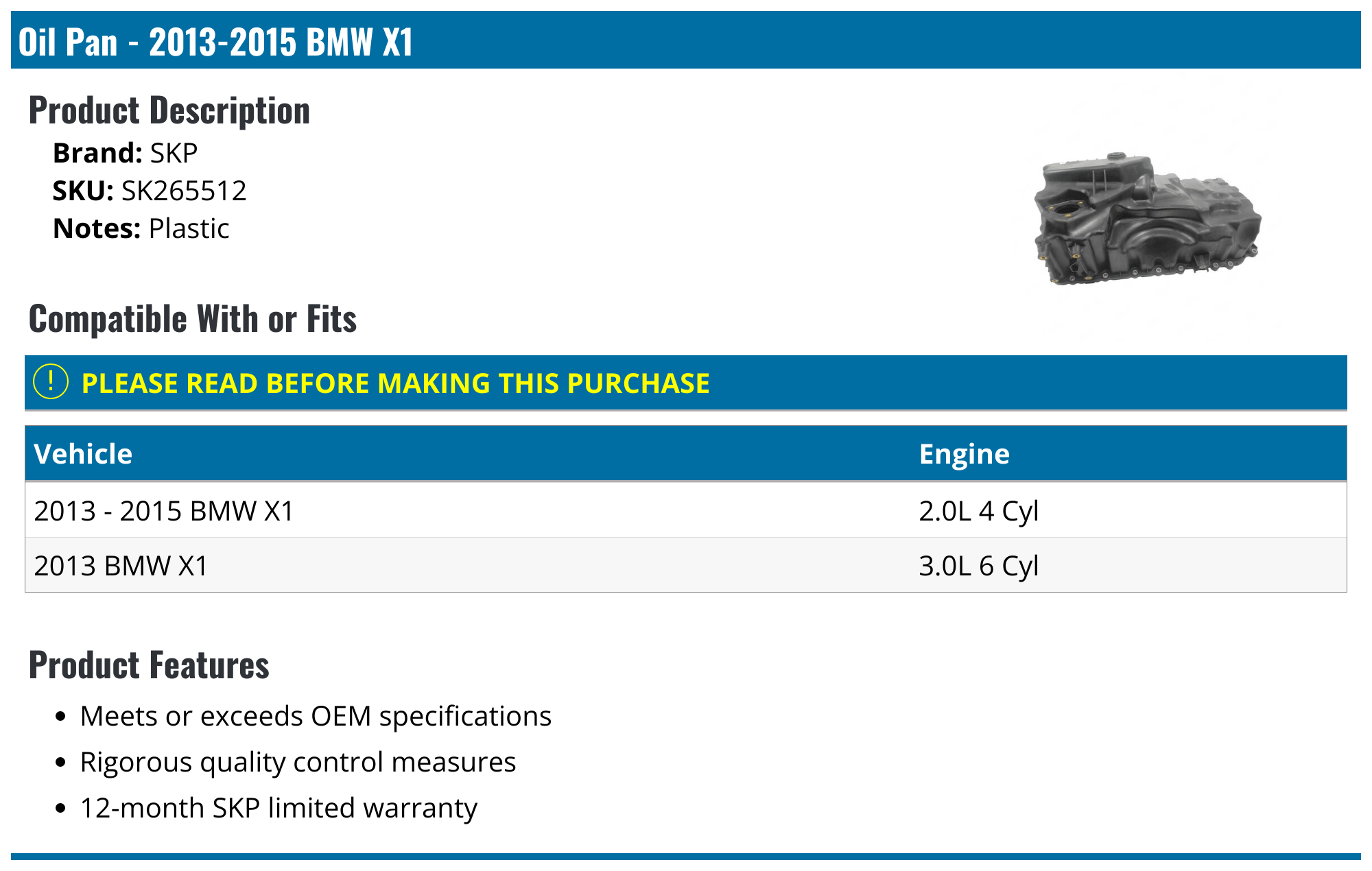 20132015 BMW X1 Oil Pan SKP SK265512