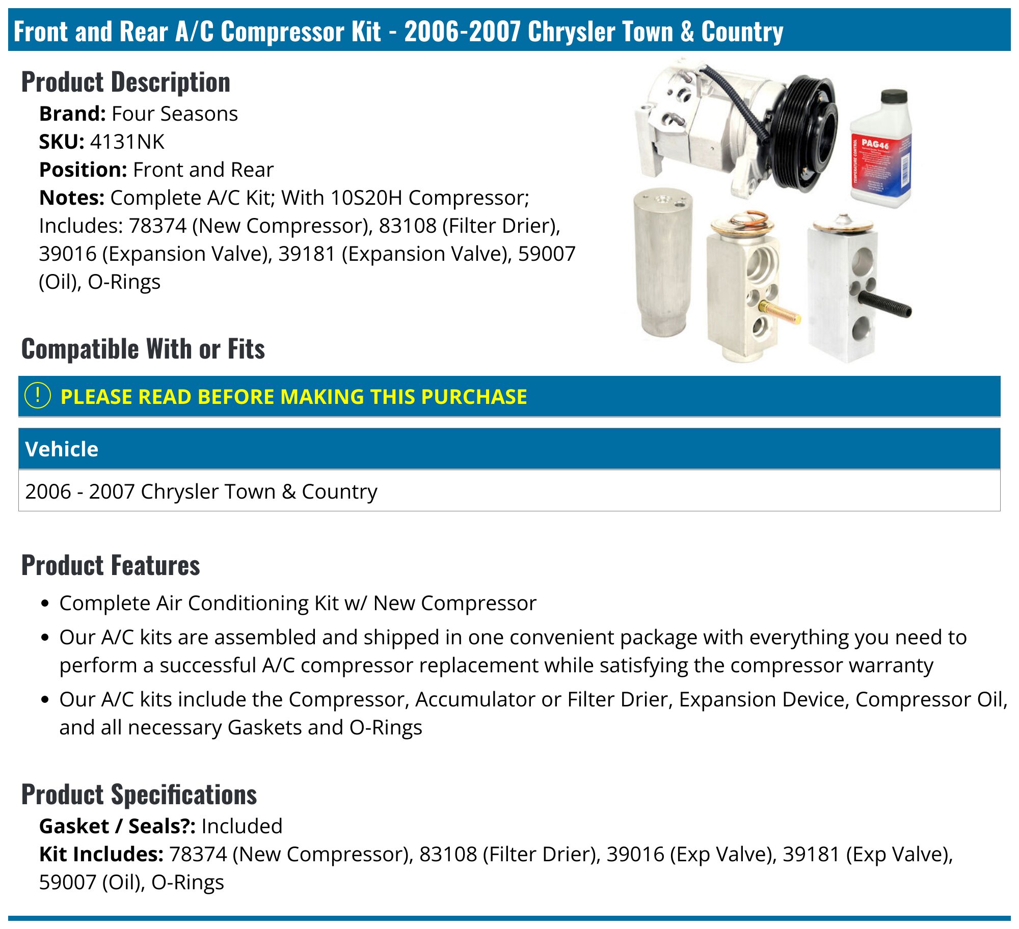 PARTS REALM A/C Compressor Kit – 2006-2007 Chrysler Town & Country 3.3L / 3.8L