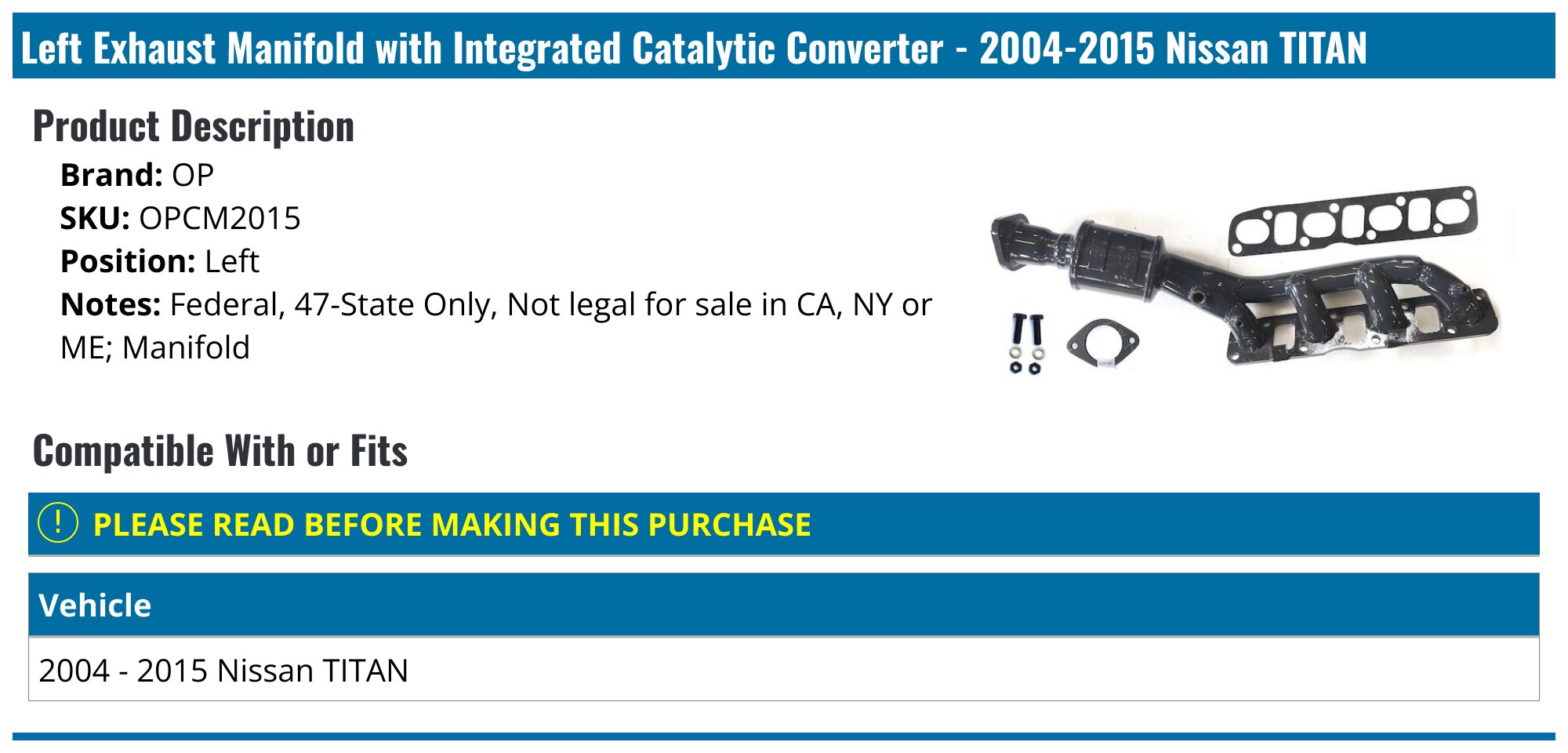 20042015 Nissan Titan Catalytic Converter OP OPCM2015 Left