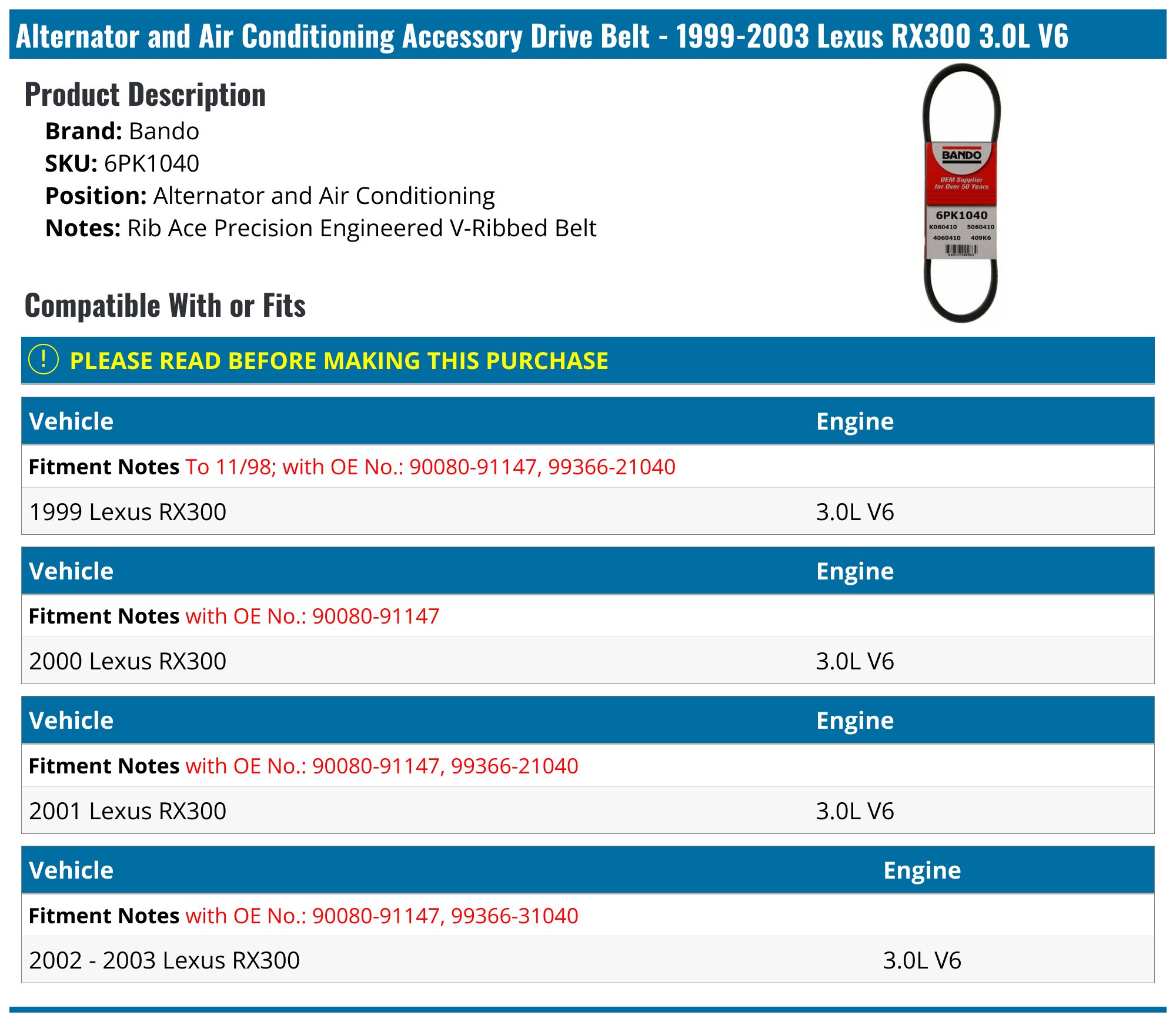 Dayco Drive Belt Set For Lexus RX330 – 4PK875 & 6PK1035 – Made In Italy, 1-Year Warranty 6 thumbnail image