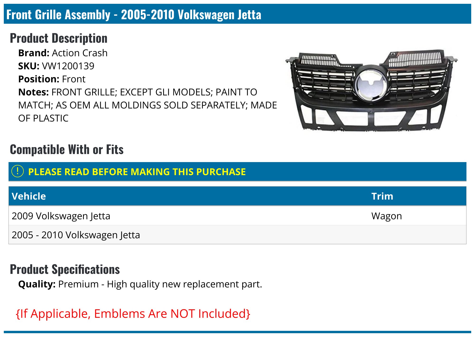 Chrome Grille Molding for 2005-2010 VW Jetta GL/GLS Ghana