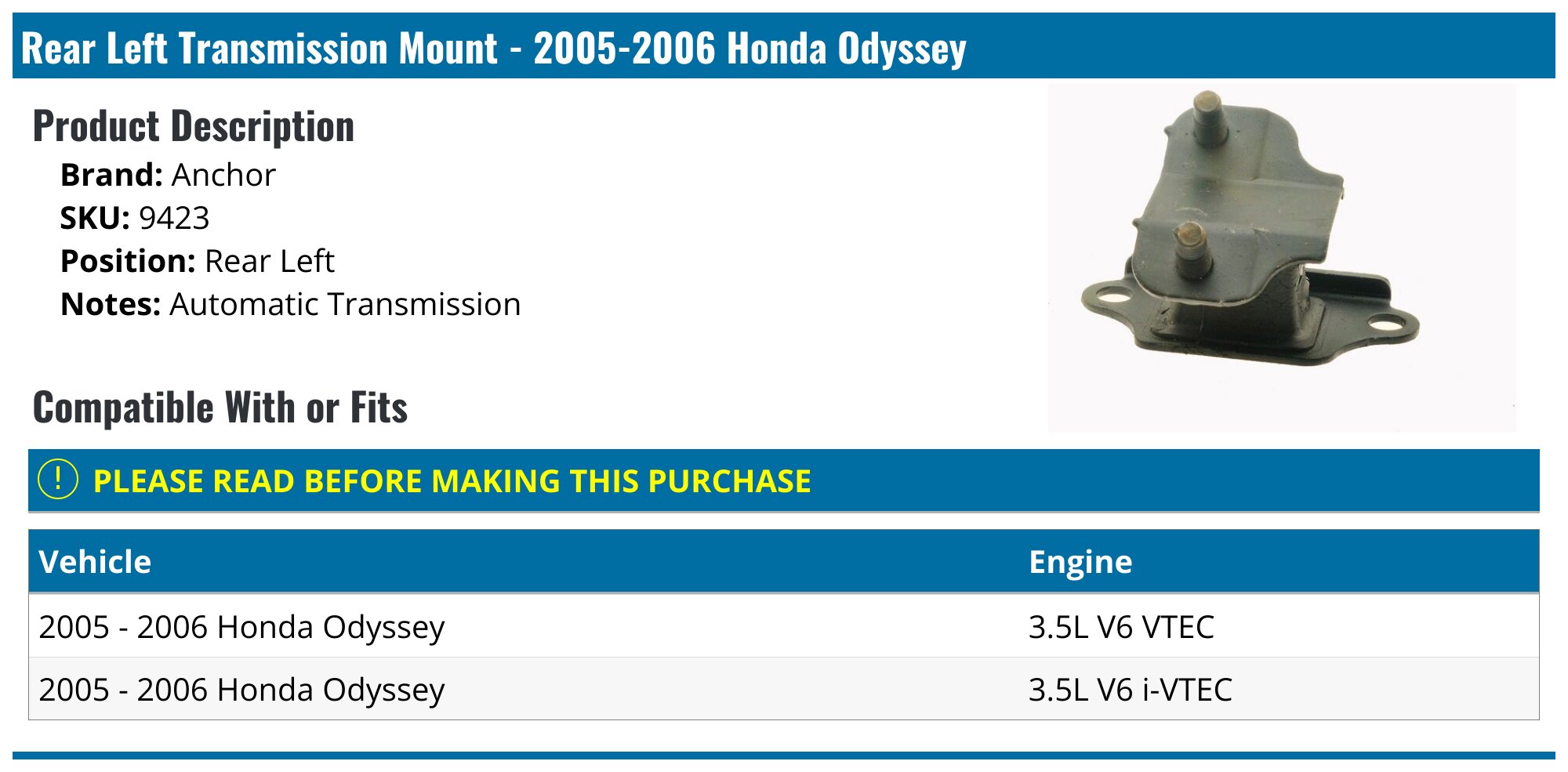 Set Of 2 Transmission Mounts For 2005-2006 Honda Odyssey 3.5L V6 A/T – Direct Replacement, FT86582 & FT84559