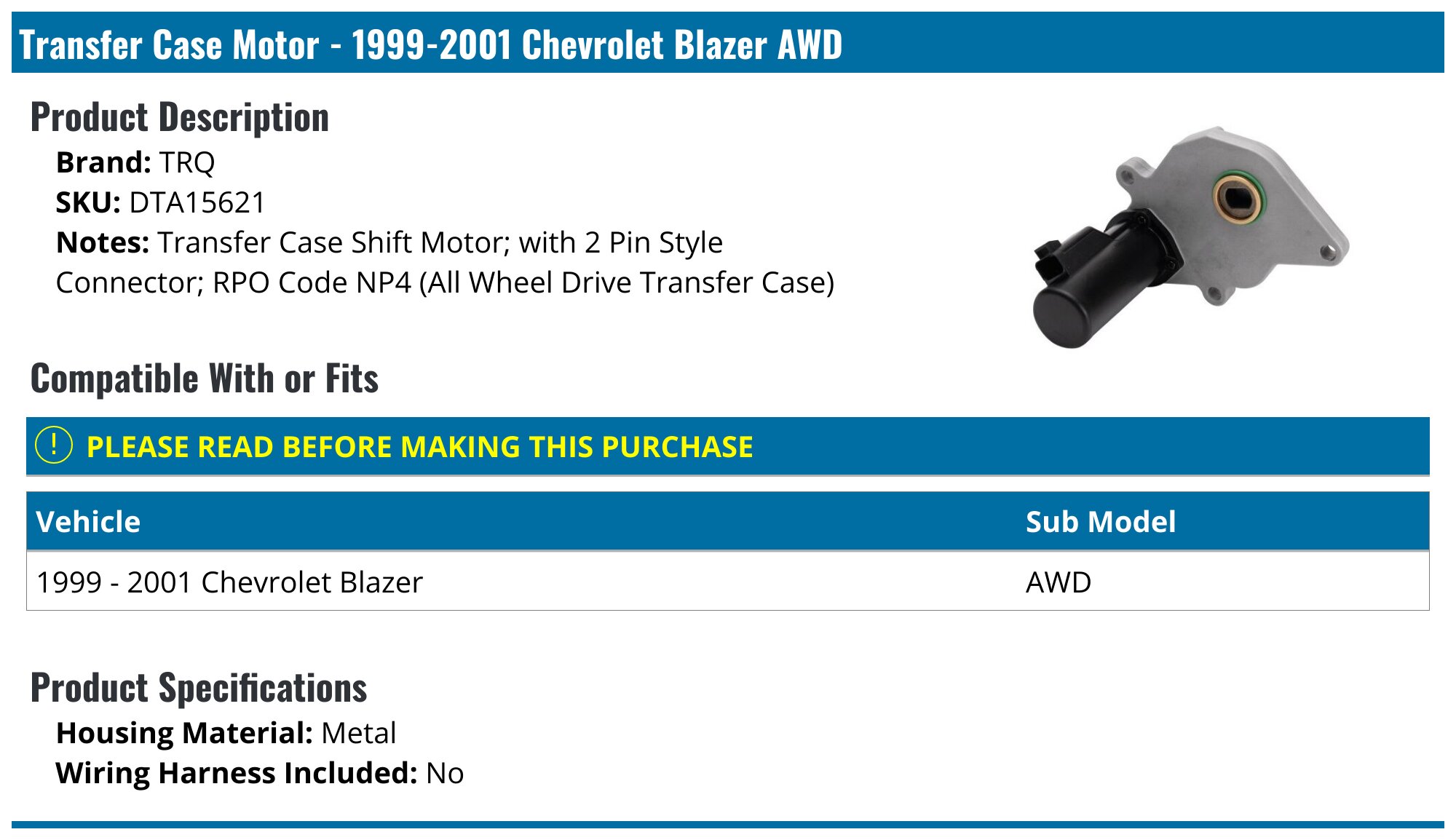 19992001 Chevrolet Blazer Transfer Case Motor TRQ DTA15621