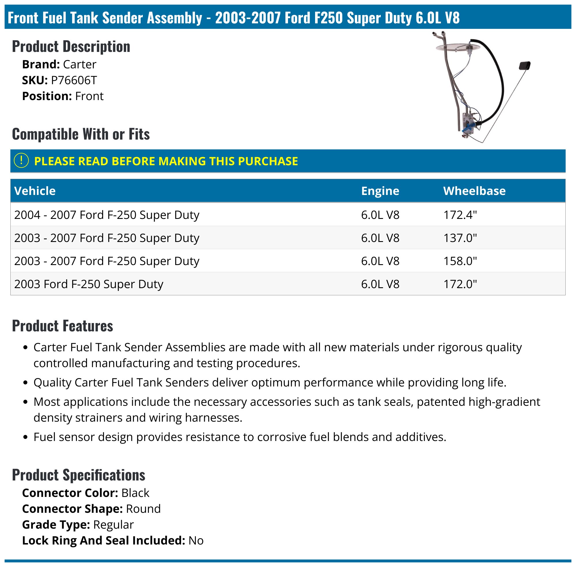 Detroit Axle Fuel Tank Sending Unit For Ford F-250 F-350 Super Duty 6.0L 2004-2007 - FFG198A